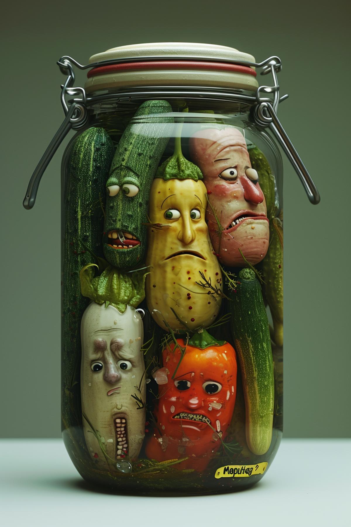 Pickled vegetable alive characters within one big jar pressed to each other upset faces realistic photography label on jar \"MapuHag\"