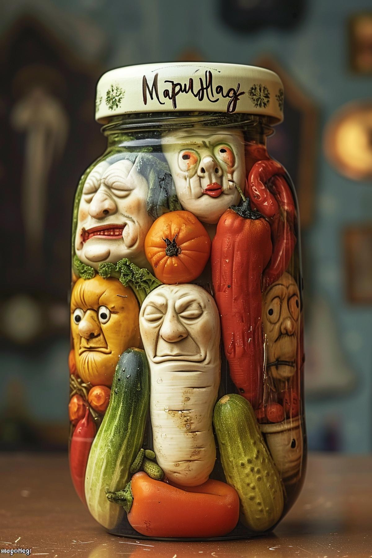 Pickled vegetable alive characters within one big jar pressed to each other upset faces realistic photography label on jar \"MapuHag\"