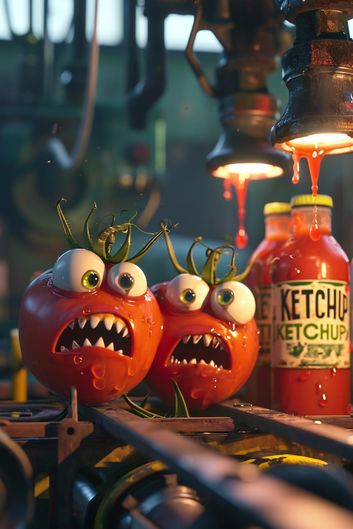 several frightened tomatoe characters before the end under big angry metal mincing machine on the background of ketchup bottles labelled \"KETCHUP\"