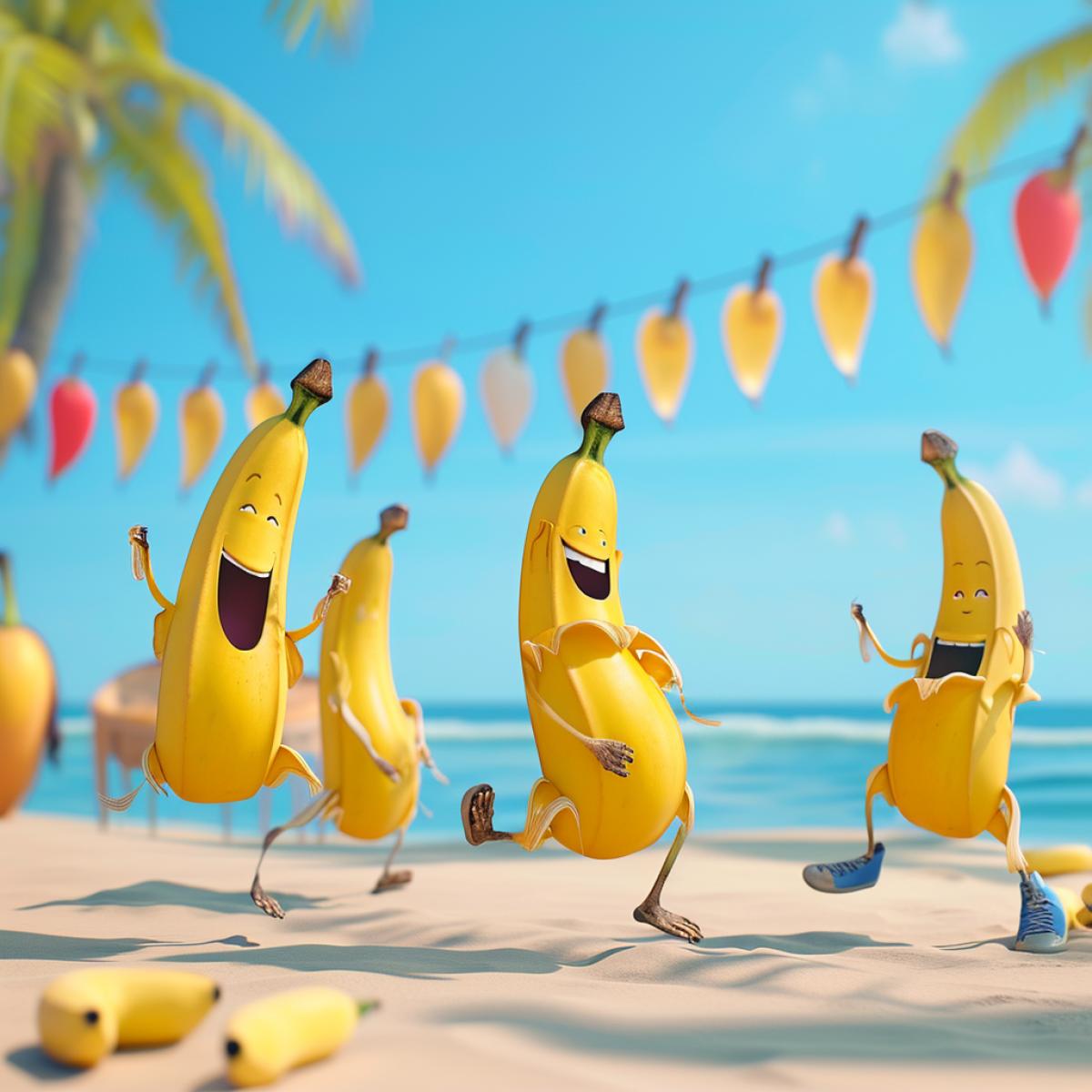 An animated string of bananas dances on the beach