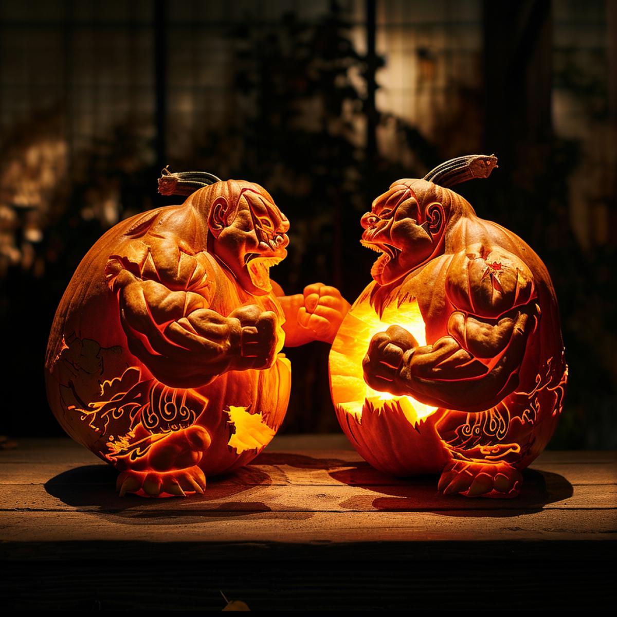 A duel between two animated sumo pumpkins