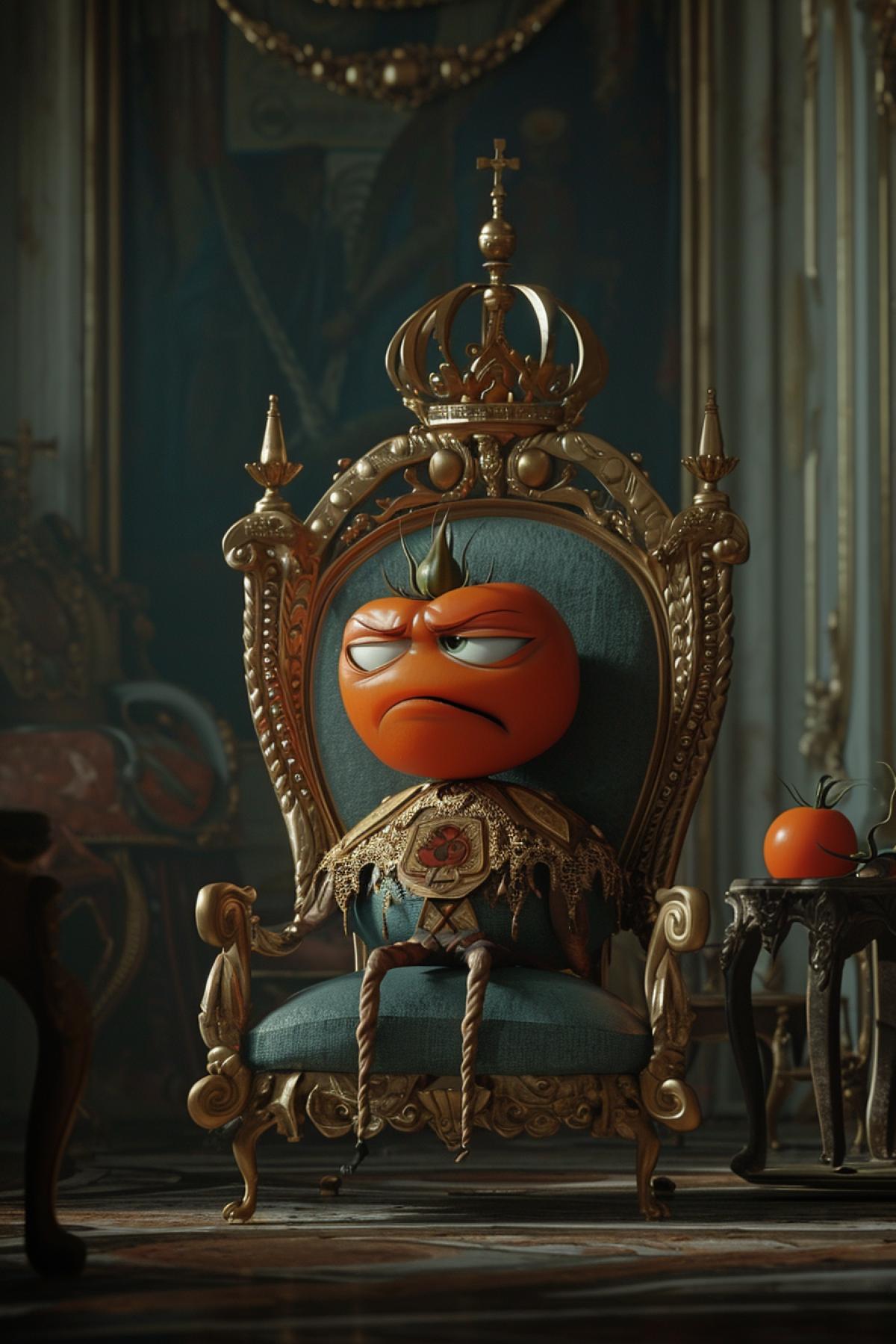 An animated tomato, sitting on a throne, dressed in royal clothes, dissatisfied face, dystopian atmosphere, Soviet cartoon