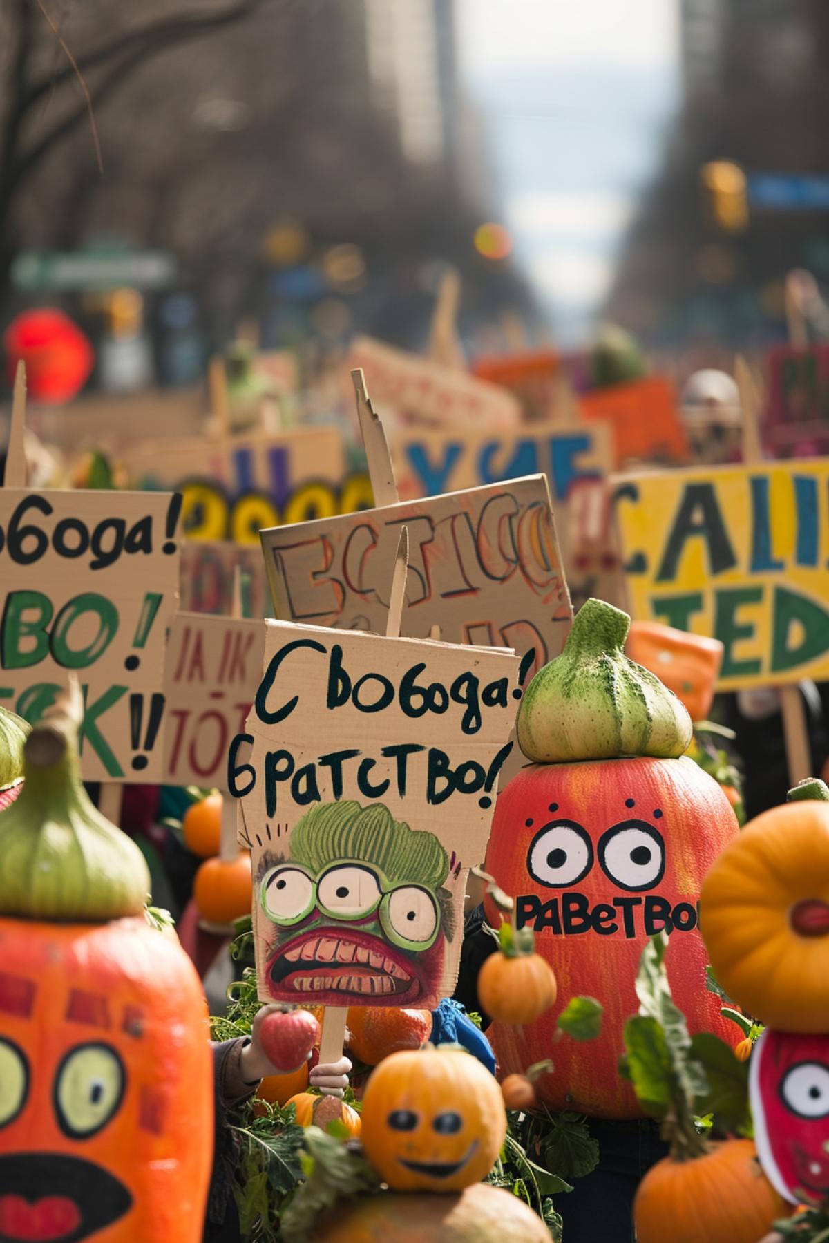Hundred angry fruit and vegetable characters marching in on demonstration with banners \"CBo6oga!\" \"PaBeHcTBO!\" \"6paTcTBo!\"