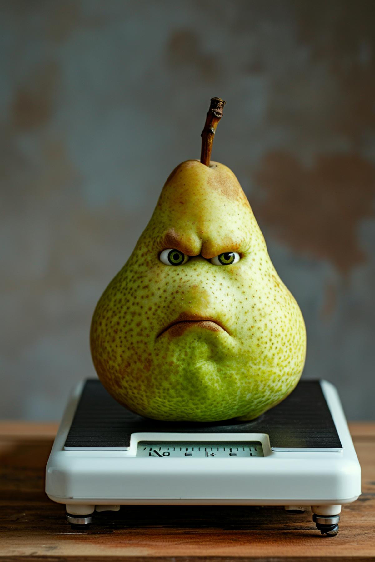 Pear with a disgruntled face measures her waist with a centimeter while standing on a scale