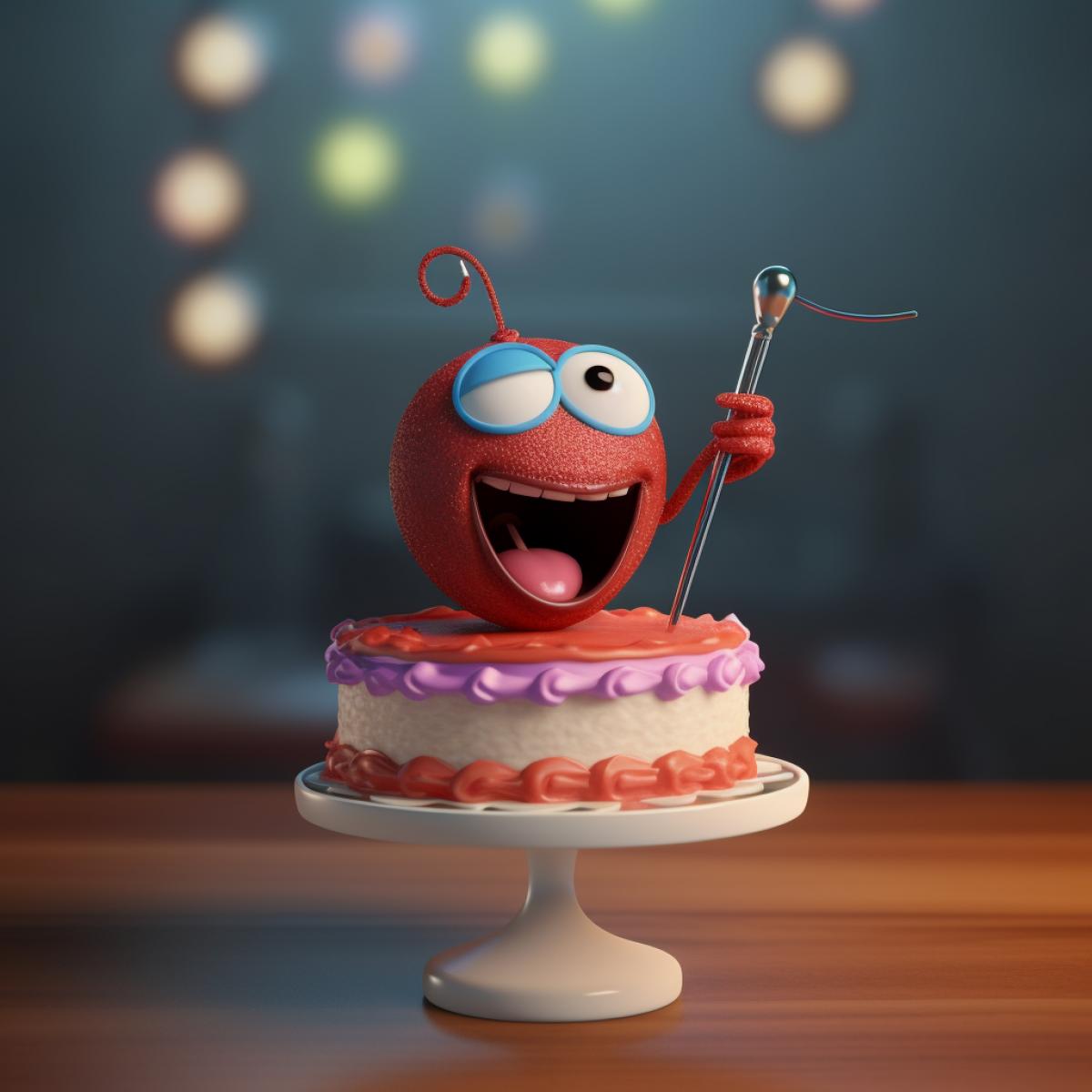A cherry on a birthday cake having a microphone in the hand and singing a song, Pixar style