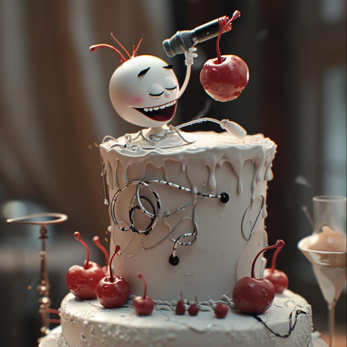 A cherry on a wedding cake having a microphone in the hand and singing a song, Pixar style