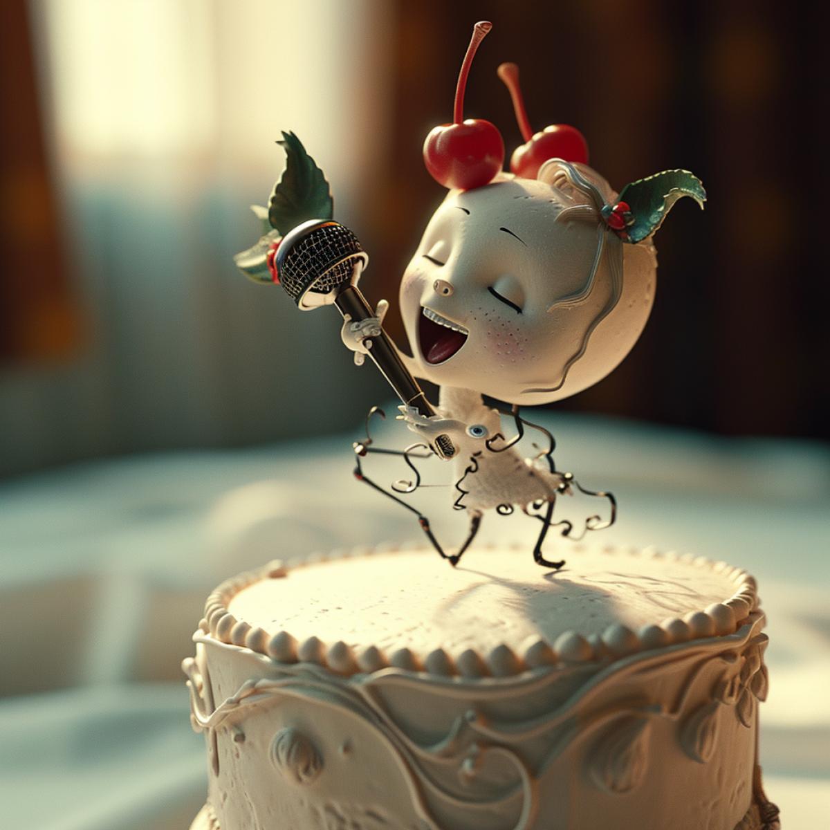 A cherry on a wedding cake having a microphone in the hand and singing a song, Pixar style