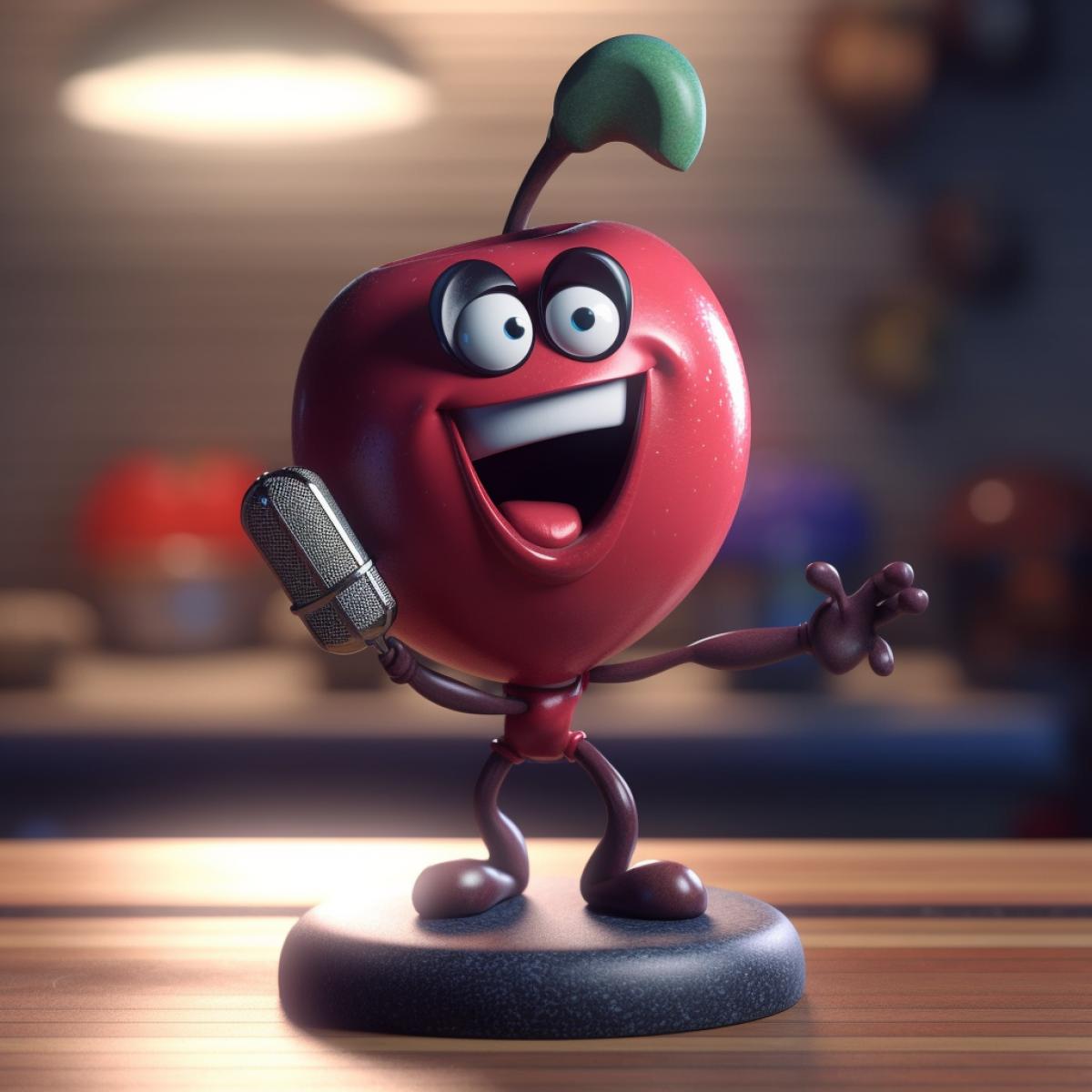 A cherry on a cake, cherry having a microphone in the hand and singing a song, Pixar style