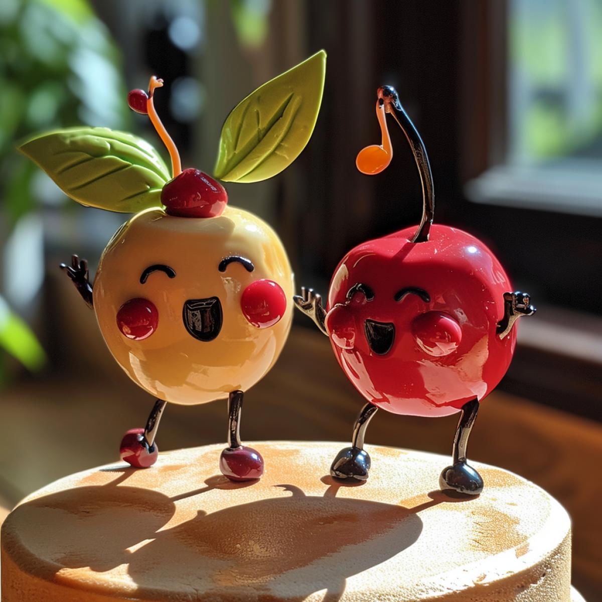 Two singing humanoid cherries on the cake. The cherries are like musical notes. The cake is like a stage.
