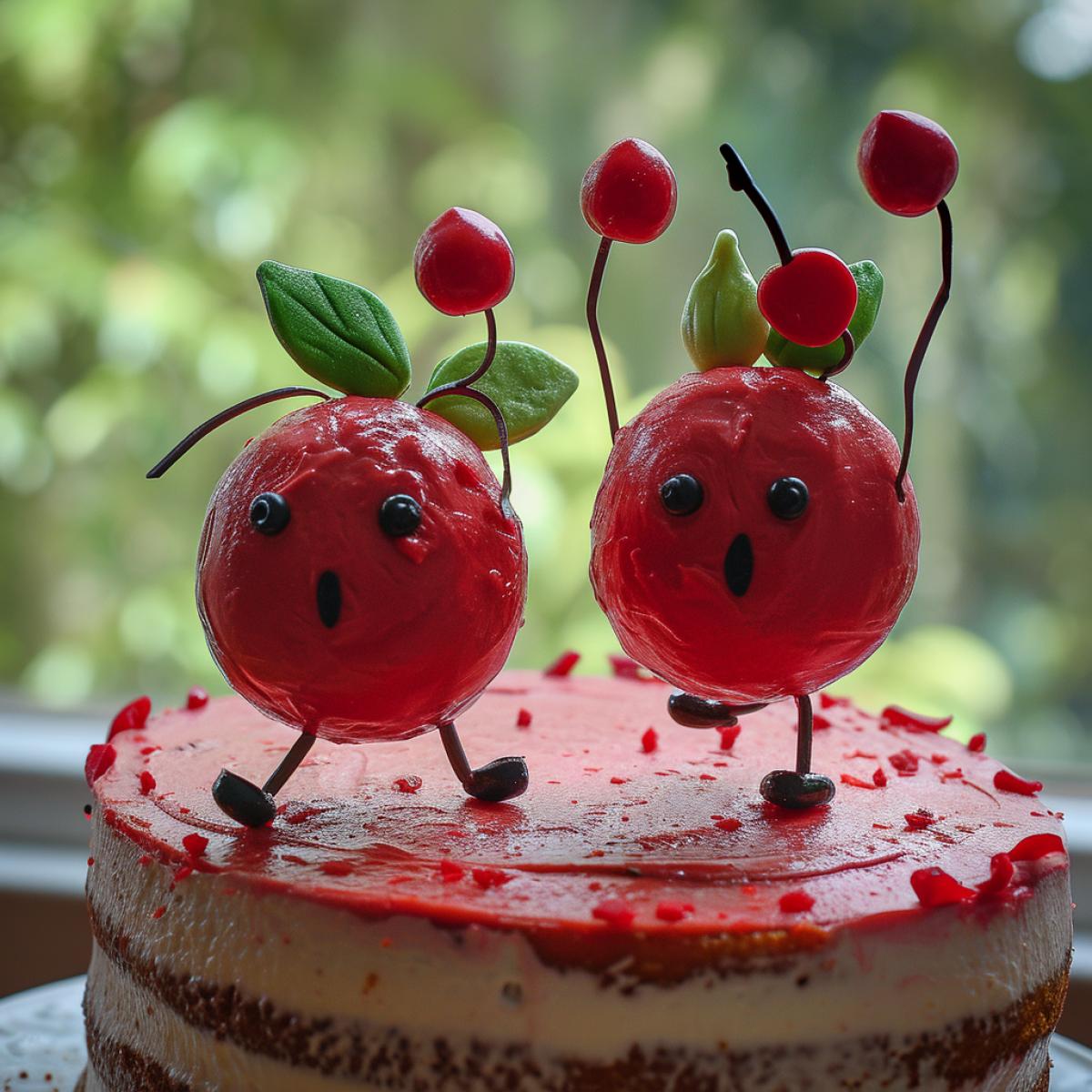 Two singing humanoid cherries on the cake. The cherries are like musical notes. The cake is like a stage.