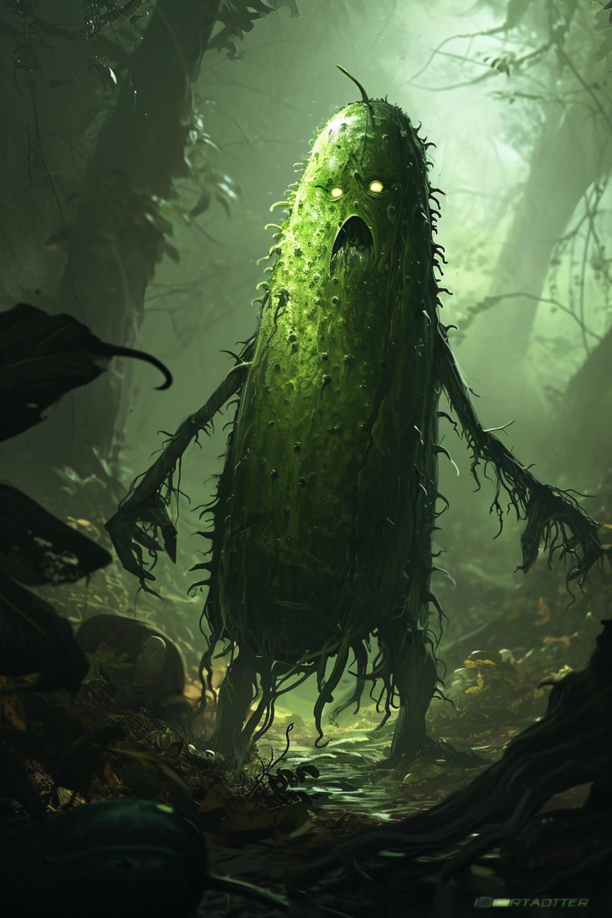 An anthropomorphic living cucumber that gives coolness, moisture and the magical power of the Earth. There is horror on his face, a large dark shadow is approaching him.