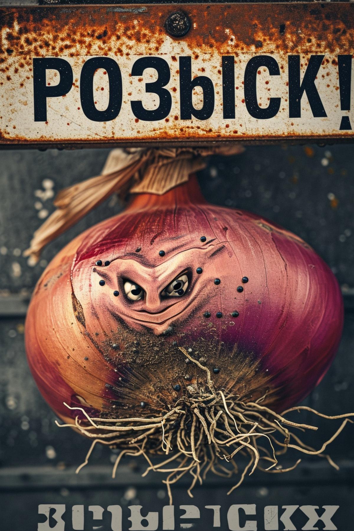 Angry dangerous onion character photo on the poster wanted near police station \"PO3bICK\" realistic photo