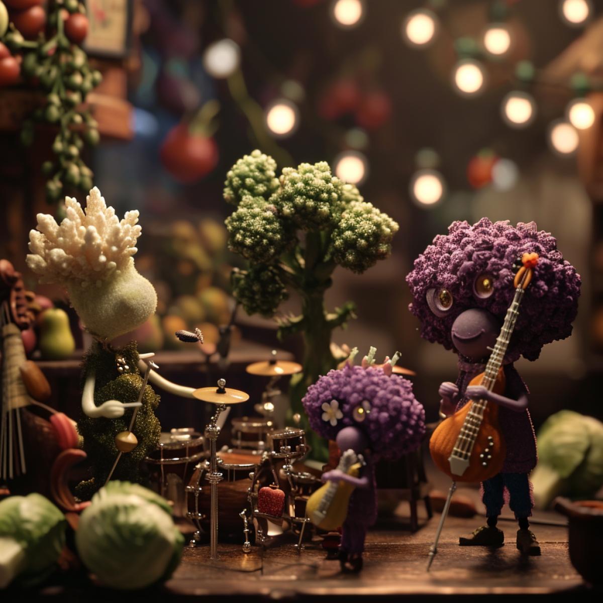 Jazz band of broccoli, cauliflower, Brussels sprouts, white and red cabbage, Pixar style, spectators are other vegetables