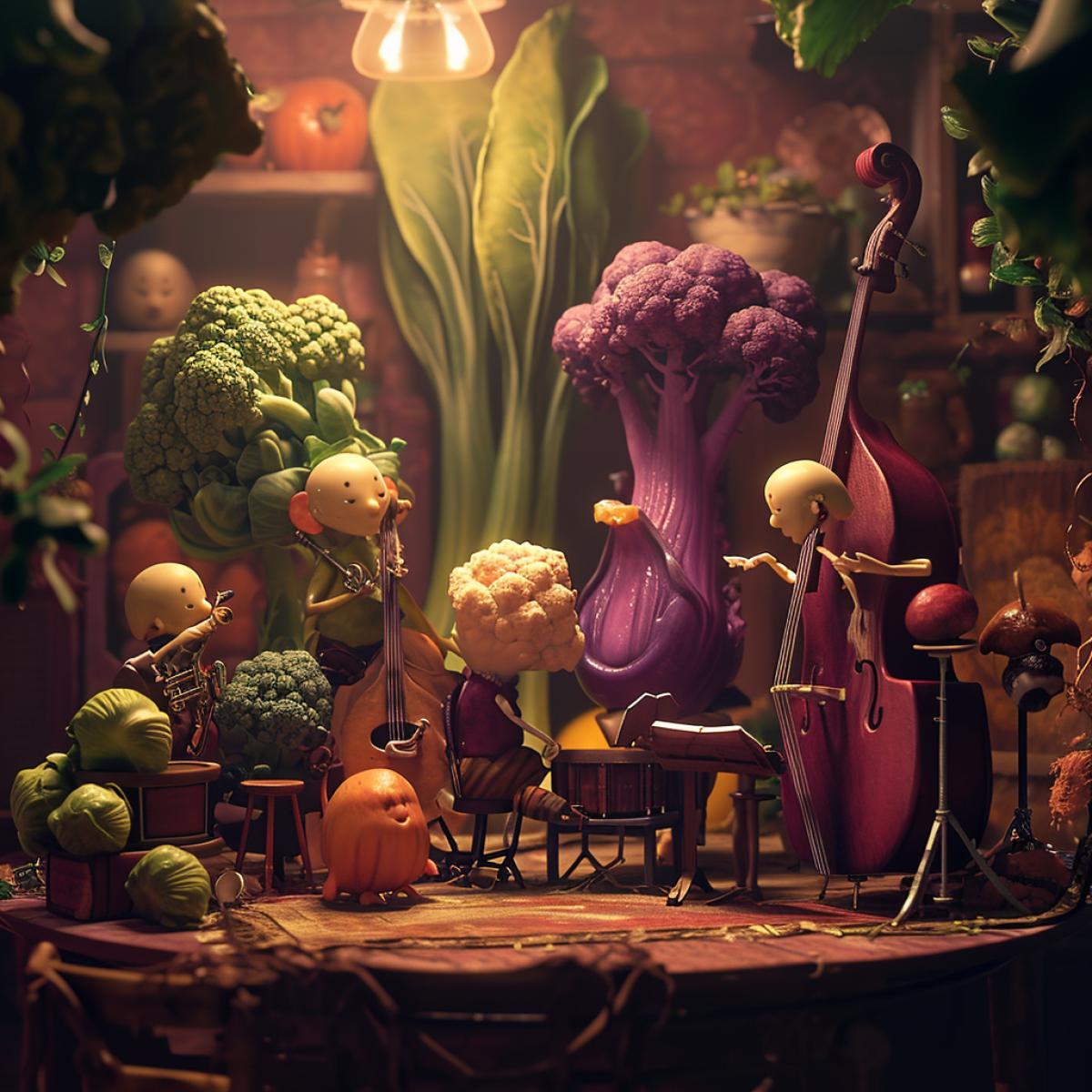 Jazz band of broccoli, cauliflower, Brussels sprouts, white and red cabbage, Pixar style, spectators are other vegetables