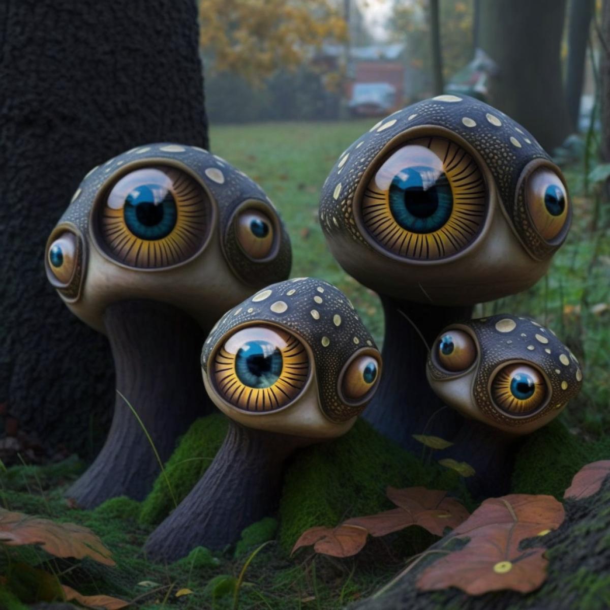 In Ryazan we have mushrooms with eyes, they eat them, they look, horror, realistic, dramatic, different types of mushrooms