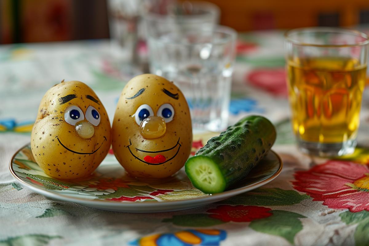 Boiled potatoes with big eyes and a satisfied smile and a pickled cucumber with a peaceful face, on a plate next to a shot of vodka, on a table covered with a tablecloth with folkloric Slavic artwork