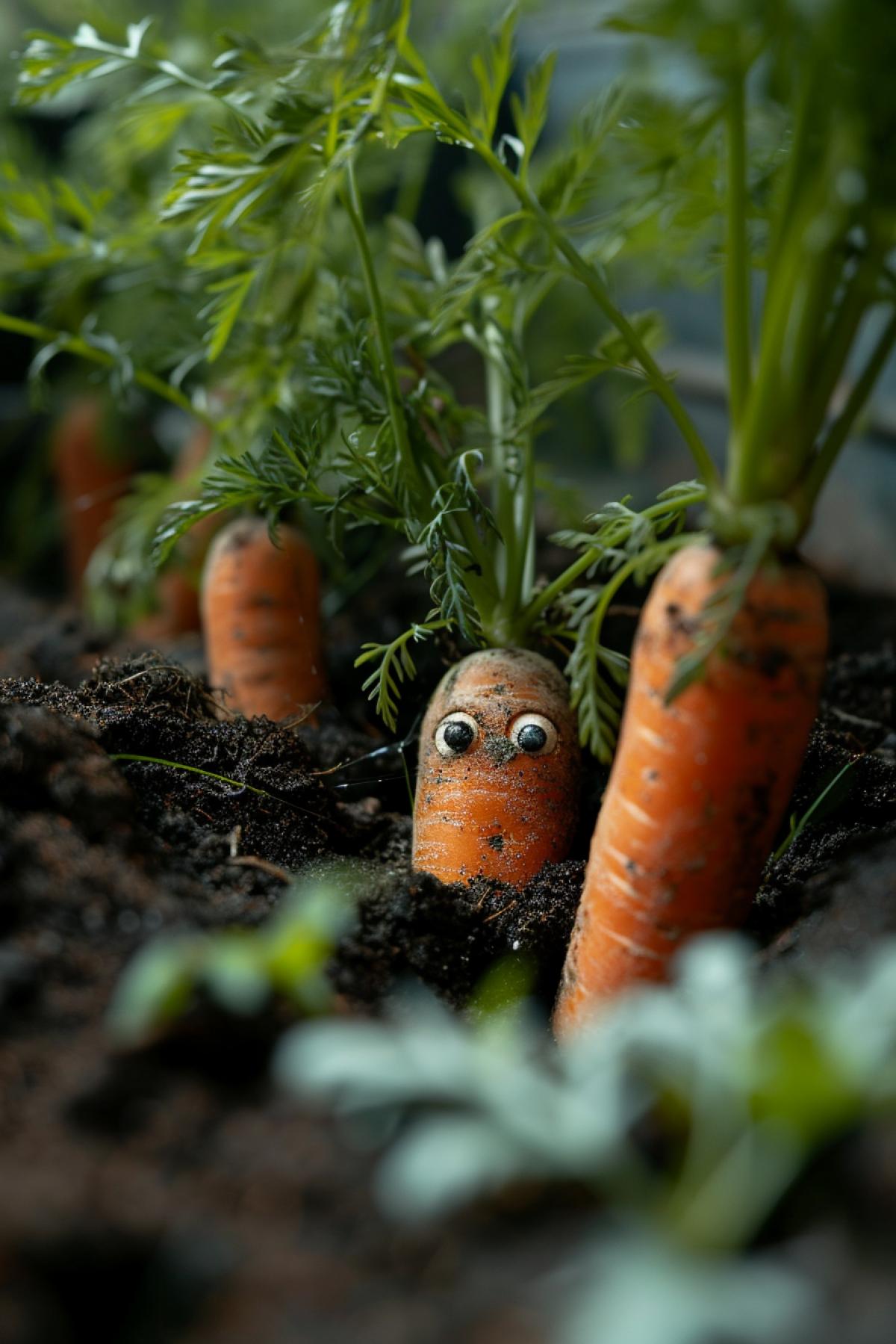 The carrots in the bed peek out from under the ground with big squinting eyes