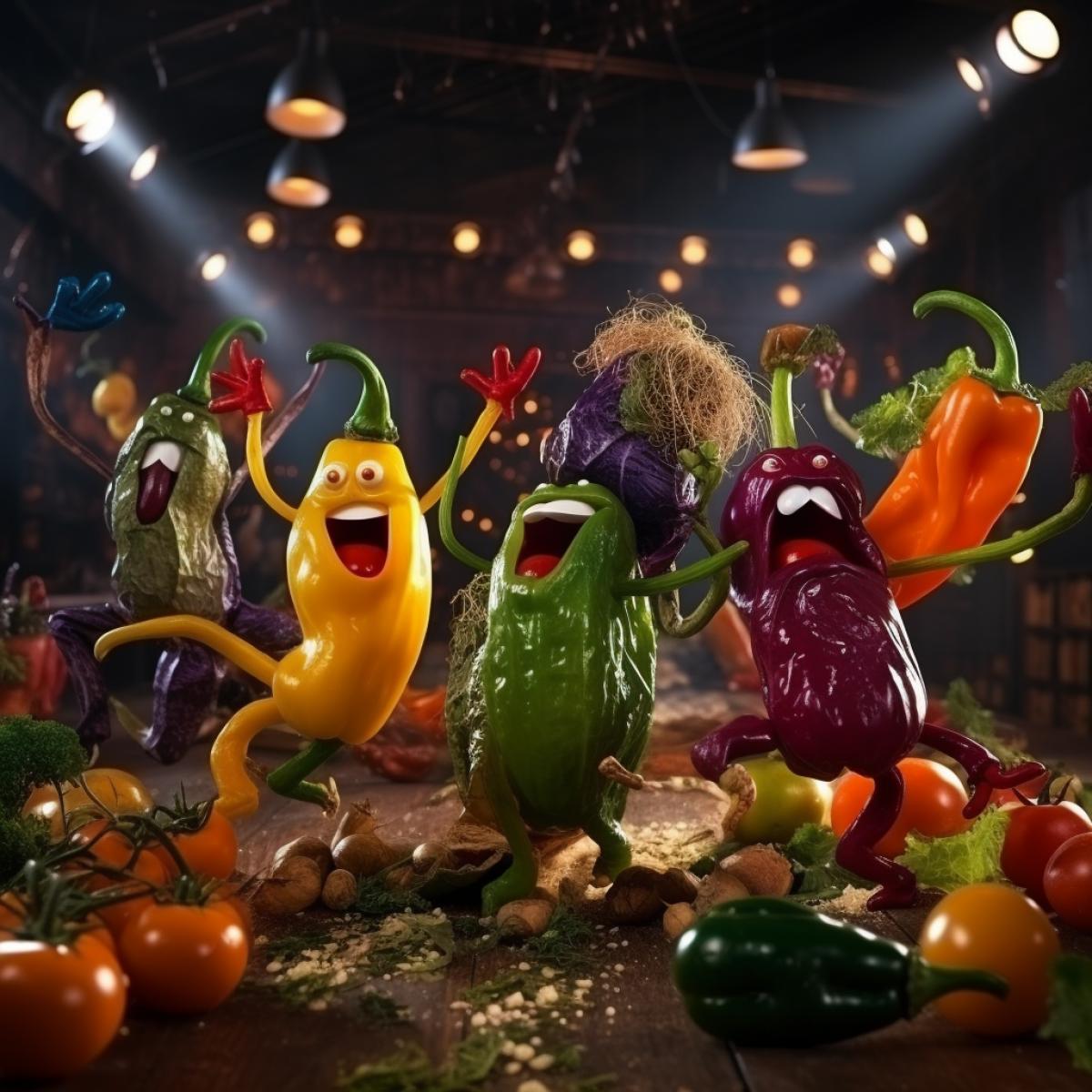 Crazy party of dancing jolly happy drunken vegetables at the night club realistic detailed photography
