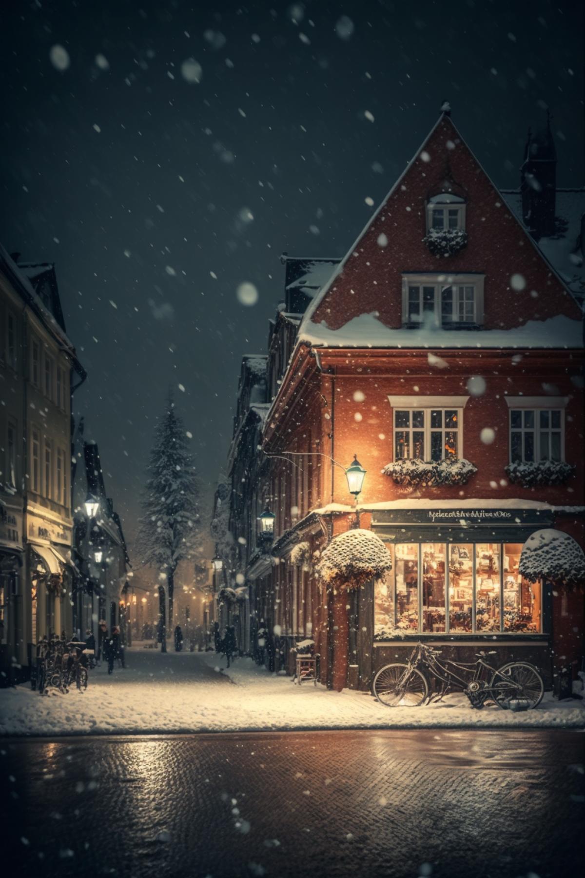 Christmas market on the street of an old European town, night photography, snow falling, fabulous holiday atmosphere, high point of photographing