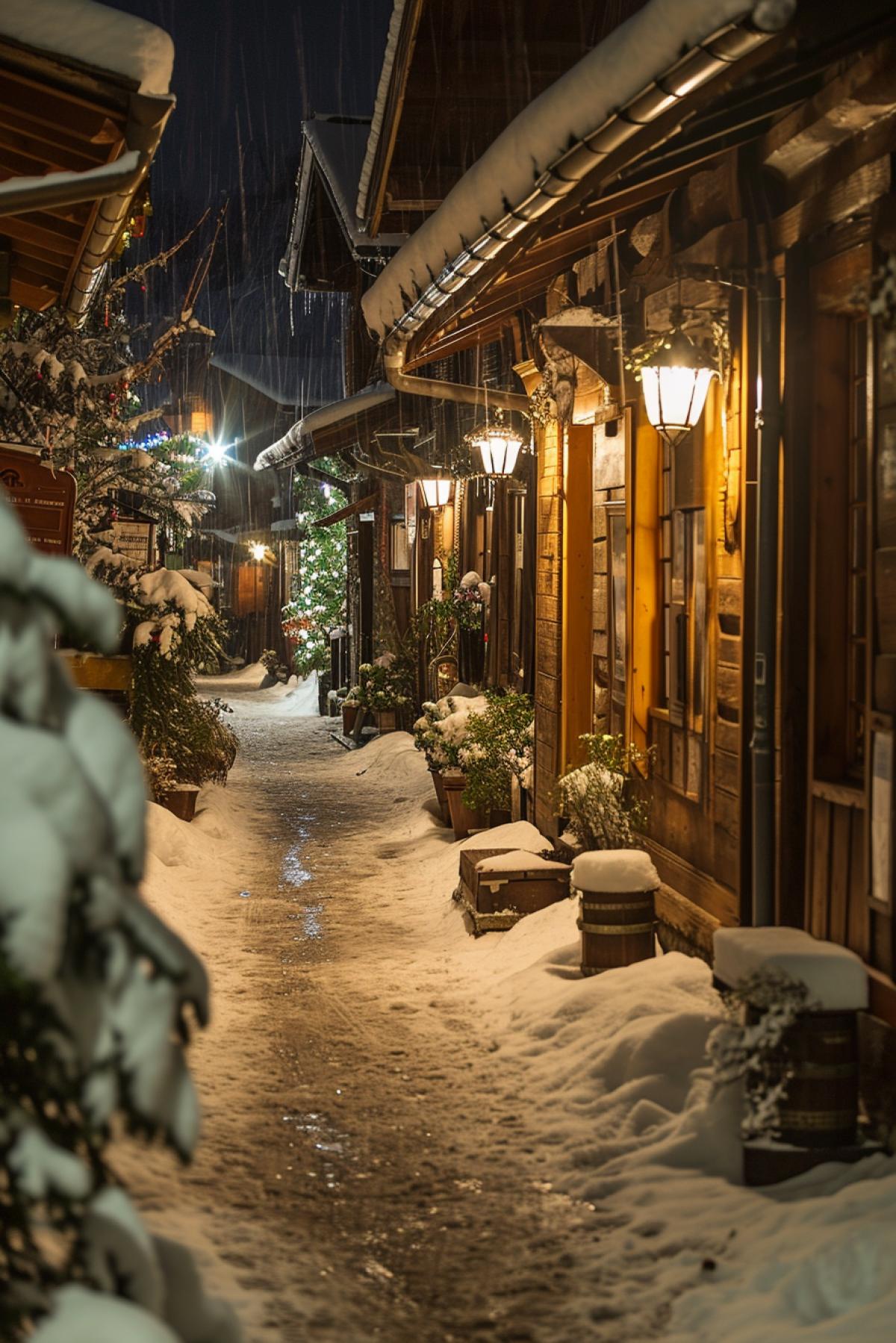 Christmas market on the street of an old European town, night photography, snow falling, fabulous holiday atmosphere, high point of photographing