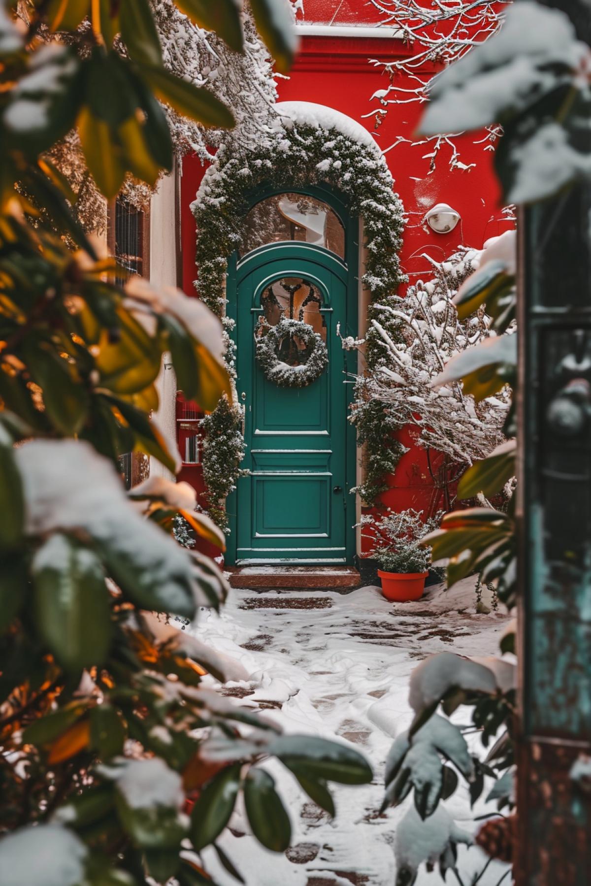 Unusual Christmas party in an old castle, whimsical, festive, snowy, romantic atmosphere
