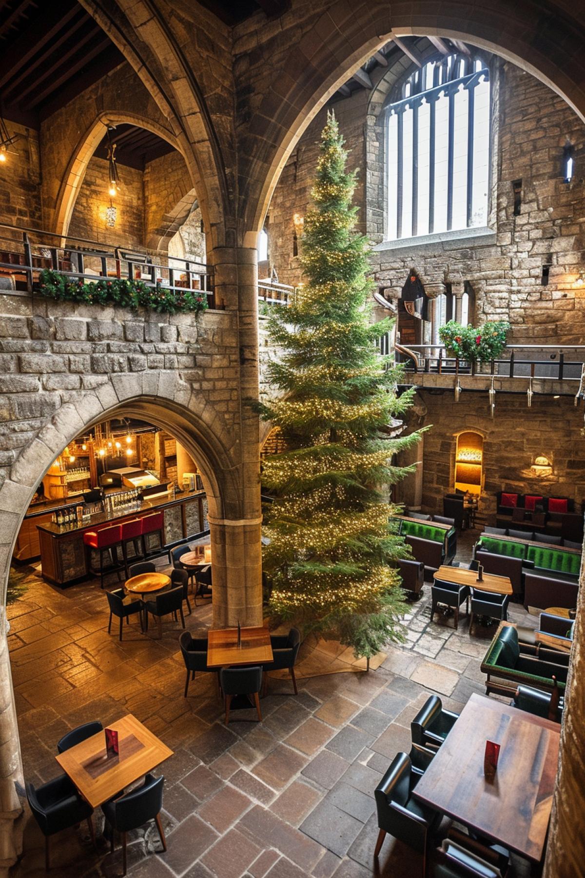 Unusual Christmas party in an old castle, whimsical, festive, snowy, romantic atmosphere