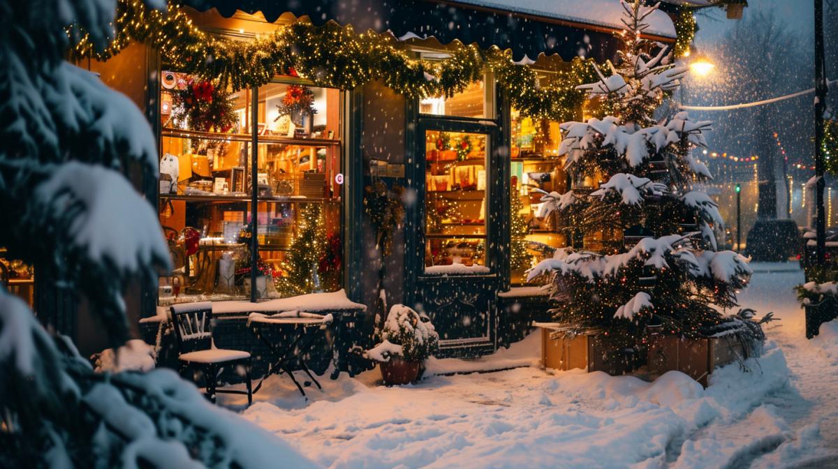 A window of a store, snowfall, a Christmas tree stands near the store, snowdrifts, bright garlands, twilight, cozy atmosphere