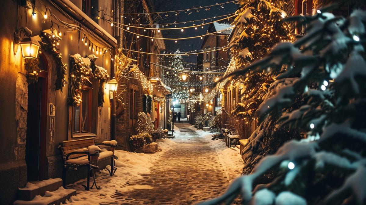 a decorated Christmas street of a European town, skittish garlands, flashing lights, Christmas trees, cute houses, snowfall, snowdrifts, cozy atmosphere