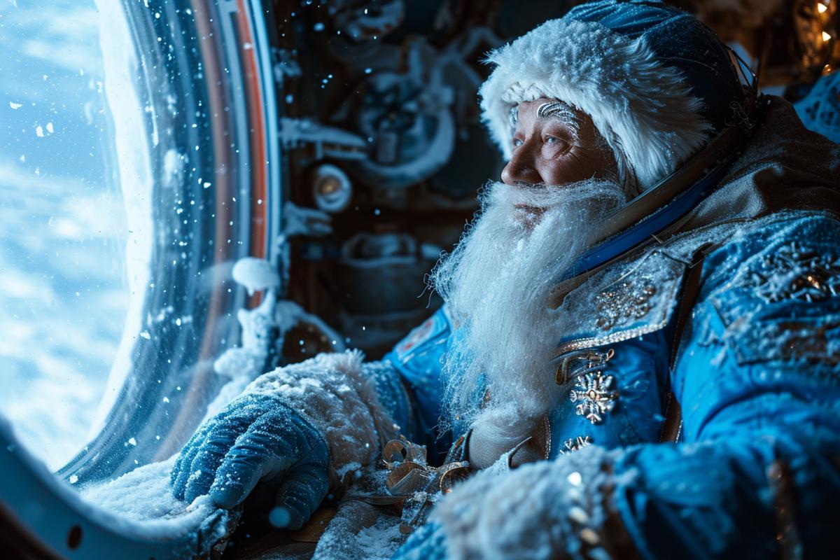 cosmonauts on the Mir space station see in weightlessness Good Grandfather Frost in a blue spacesuit with silver snowflakes, in one hand he has a long ice magic staff, in the other hand a bag of gifts, Grandfather Frost has blue wise eyes, a kind smile, frost all around portholes of the space station, holiday atmosphere