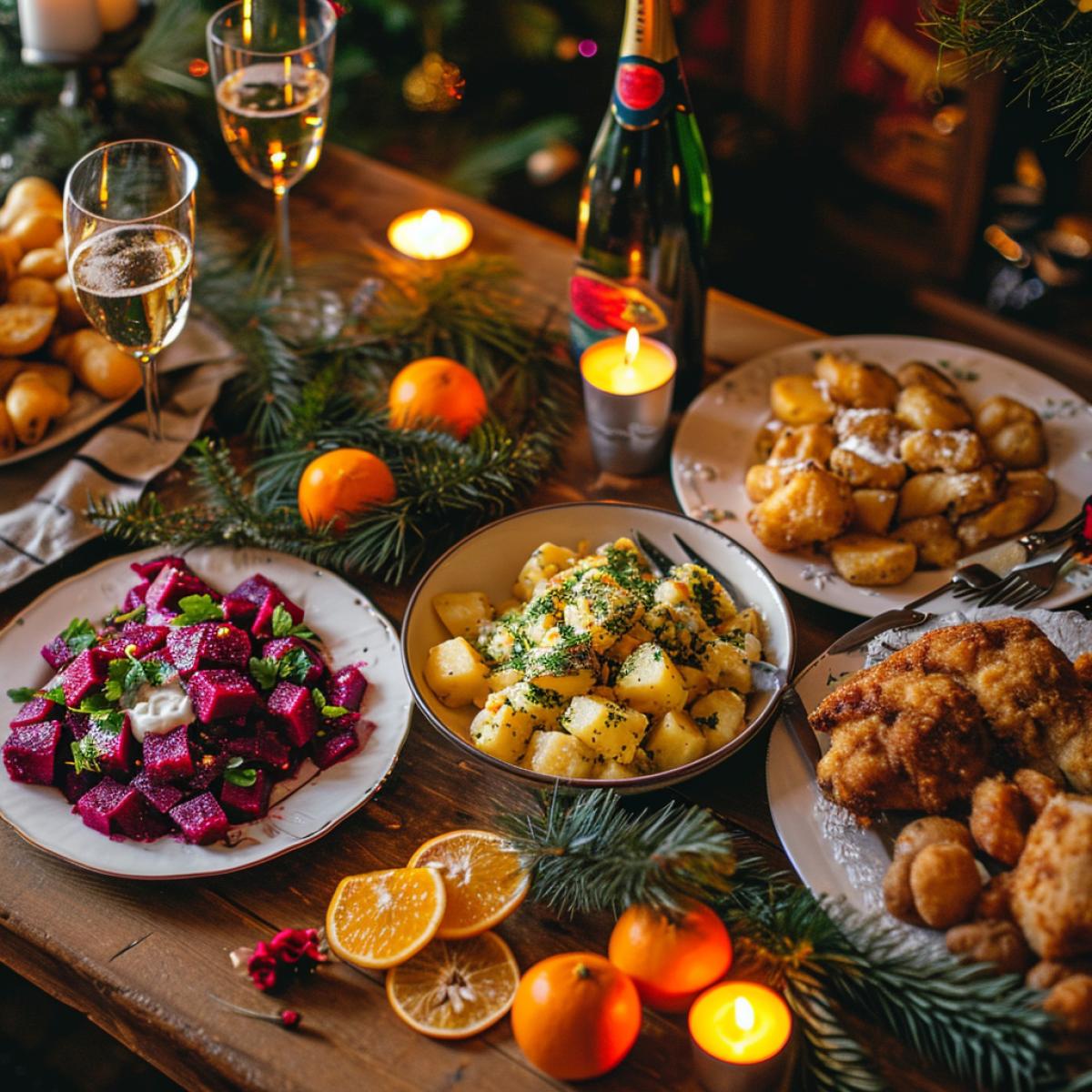 Photo of food, top view, Russian New Years table, on the table there are potato salad, beet salad, kholodets, potatoes with fried chicken, bottles of champagne, a plate with tangerines, candlelight, cozy atmosphere