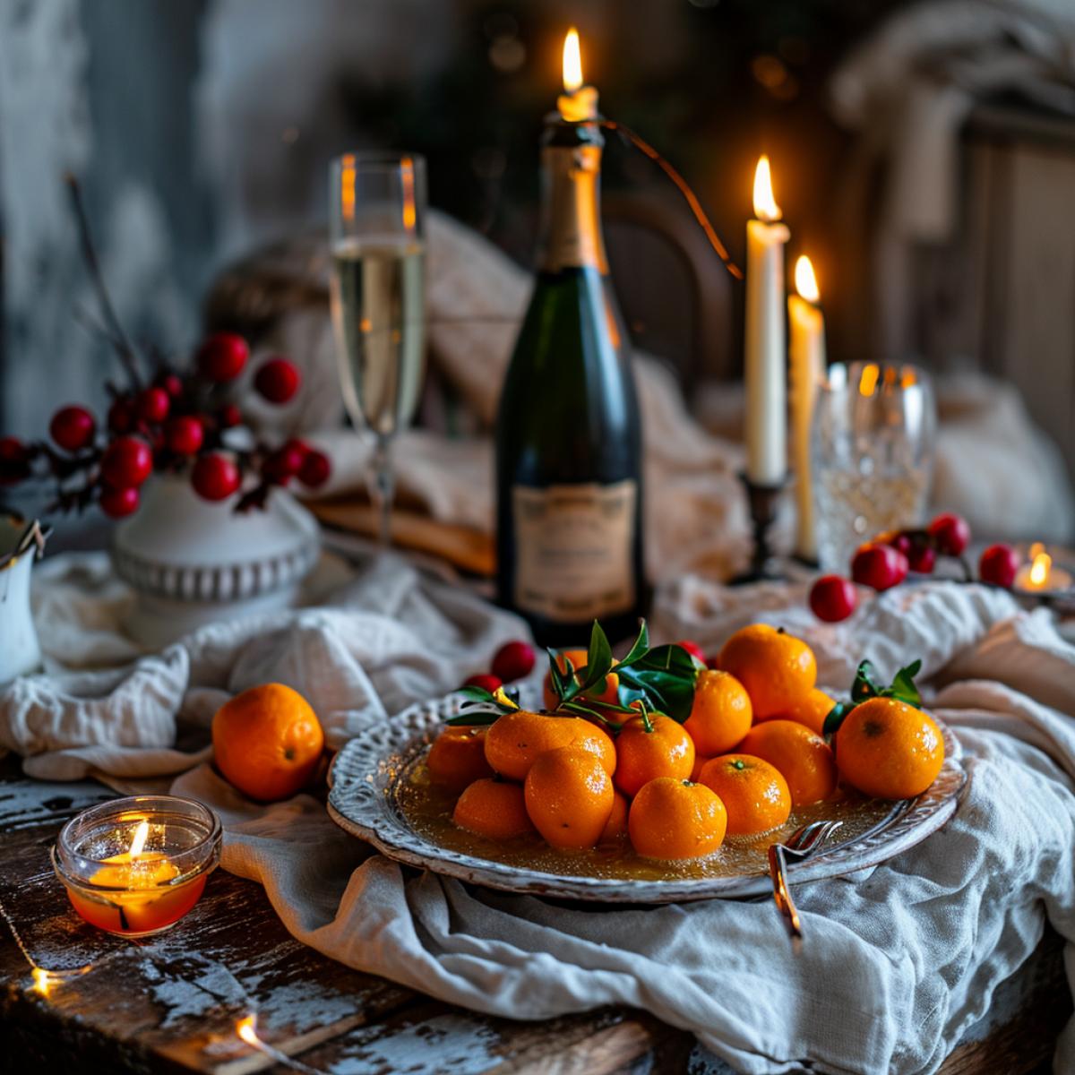 Food photography, on a table with a white tablecloth stand a dish with mondarines, a bottle of champagne, glasses, candlelight, New Years decor, cozy atmosphere