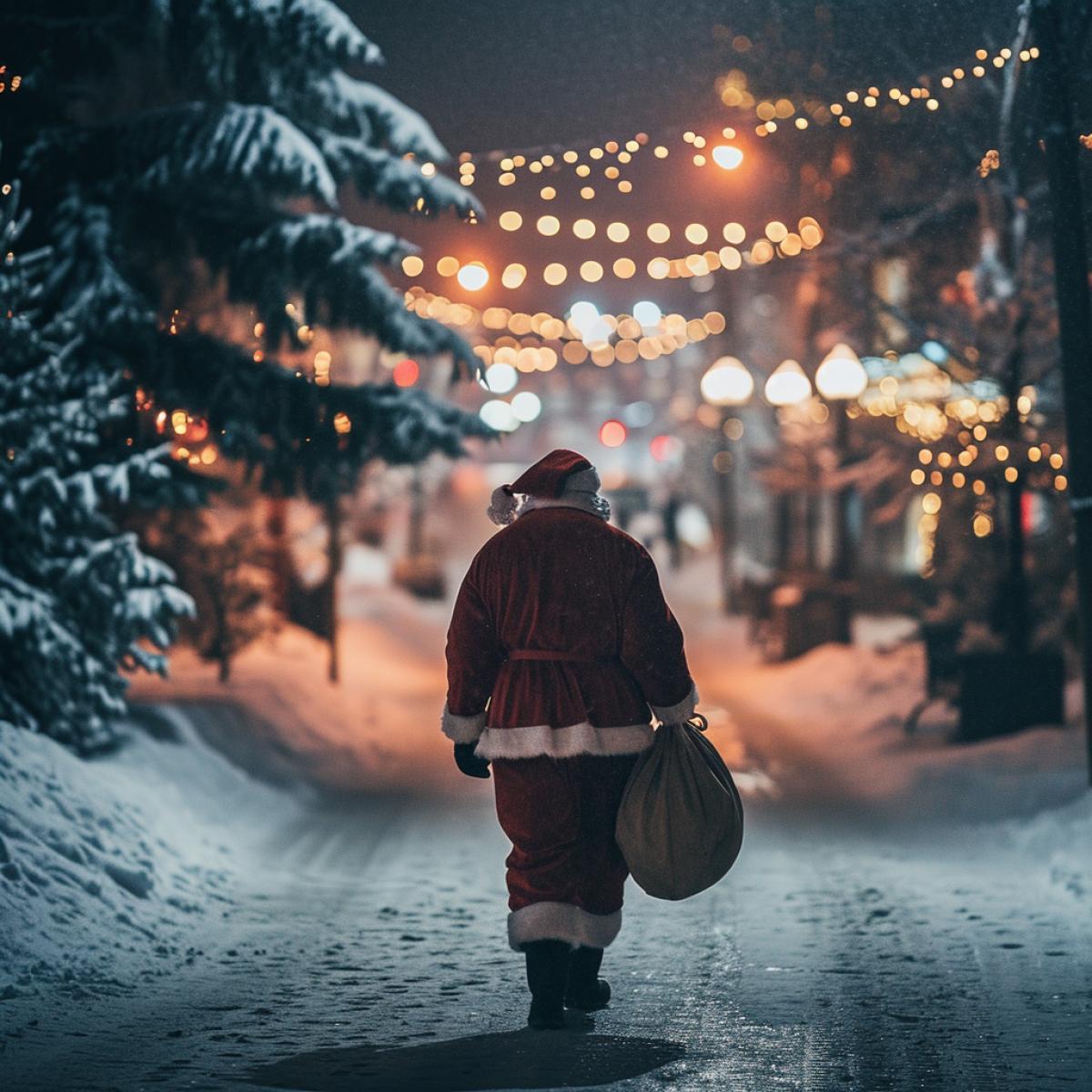 shot from the back, Santa walking down a snowy street with a big bag on his shoulder, dusk, New Years illumination, fireworks in the sky, cozy atmosphere