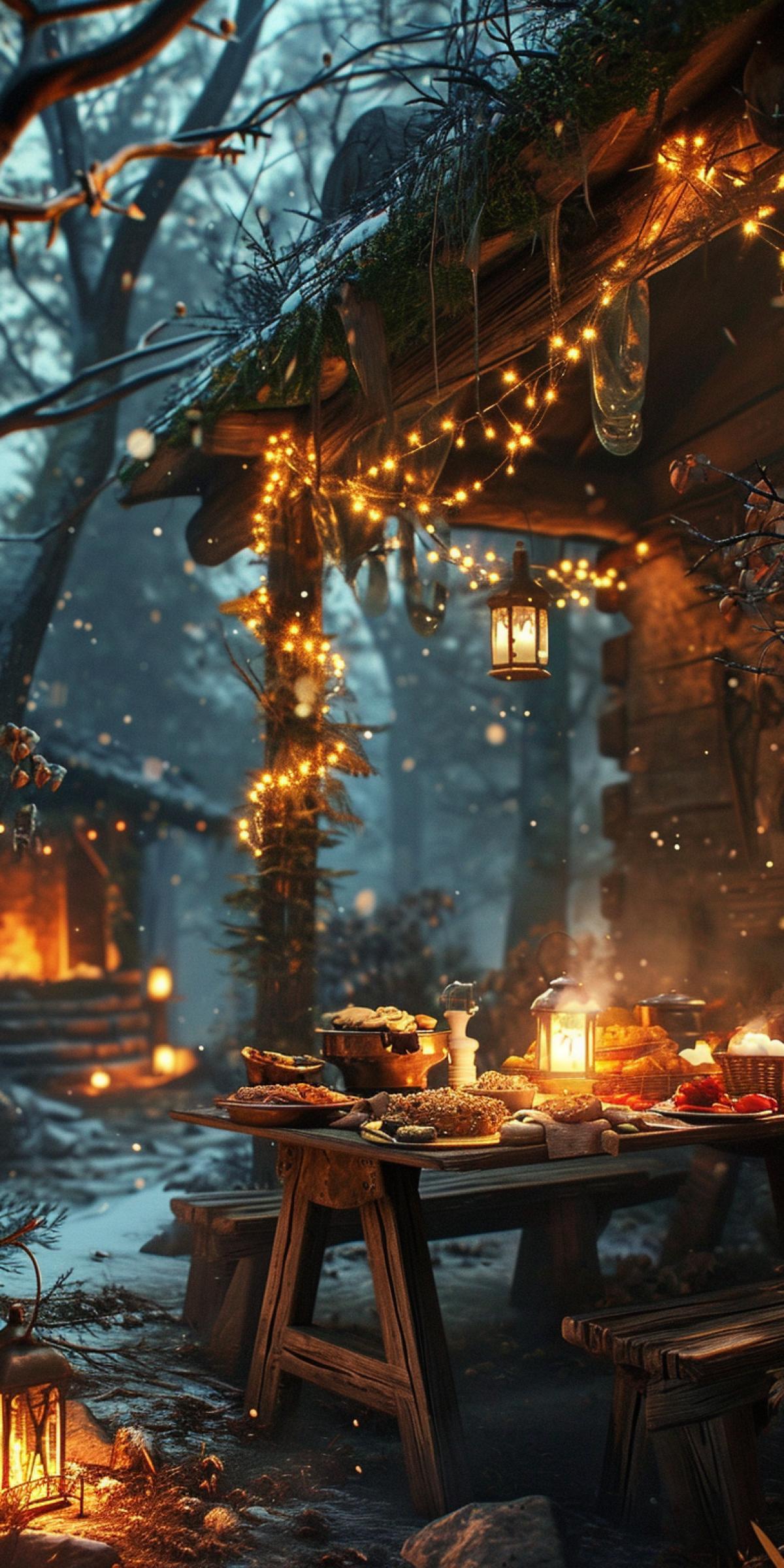 Holiday atmosphere, garland, lanterns, forest, hut, barbecue, table with food