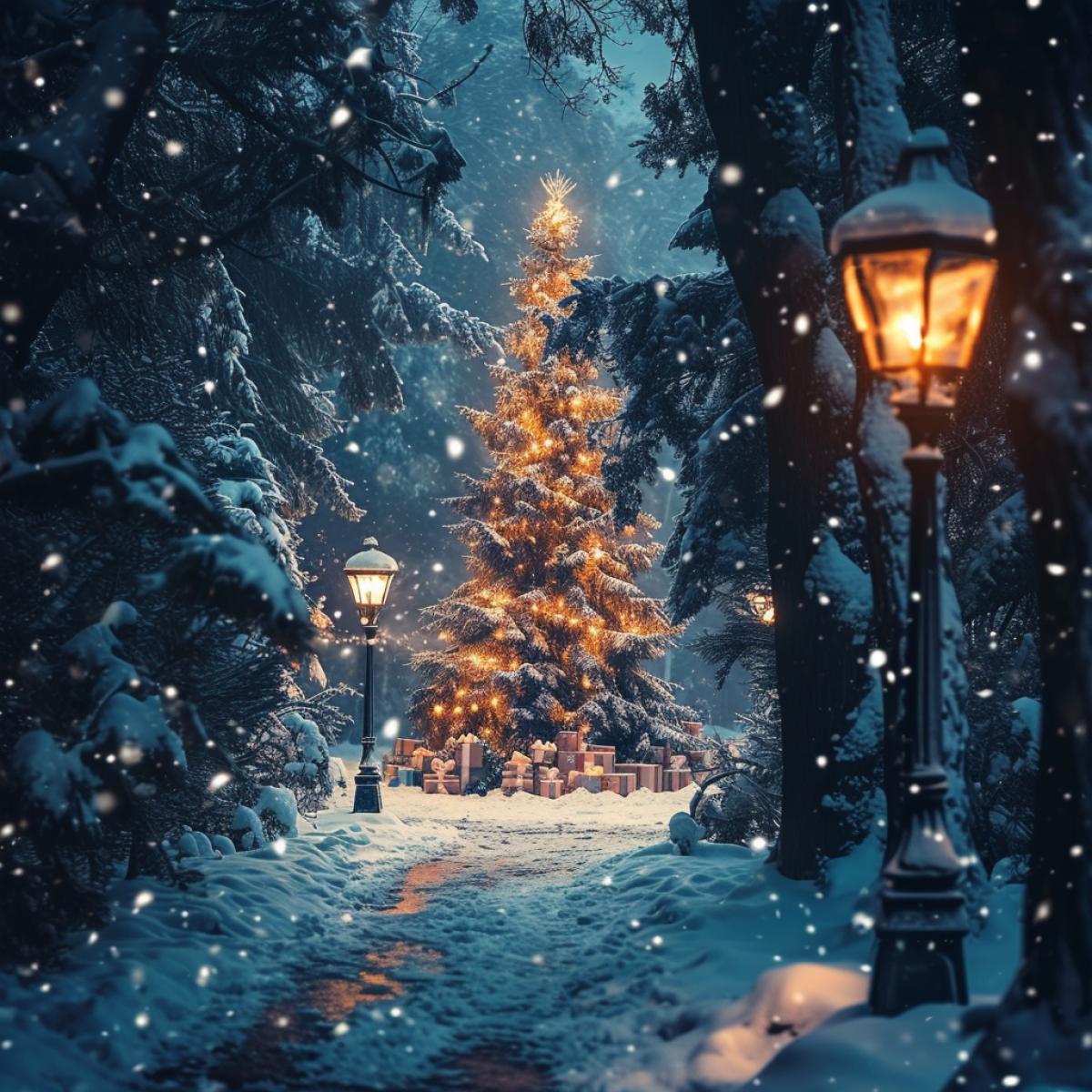 Holiday atmosphere, snow-covered alley, trees in the snow, light from a lantern, snow flakes, a large Christmas tree with gifts in the forest