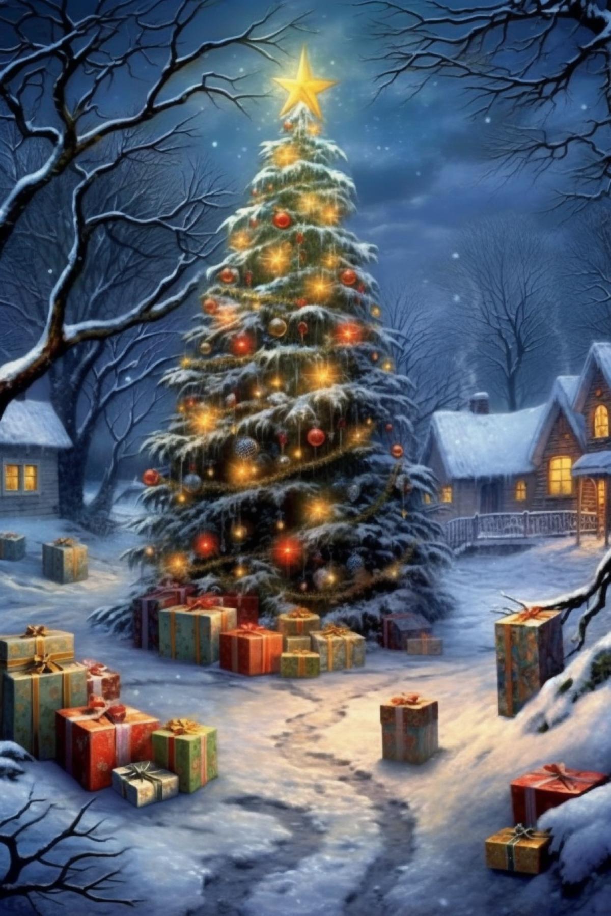 Beautiful, Holiday tree and gifts under it, beautiful New Years landscape