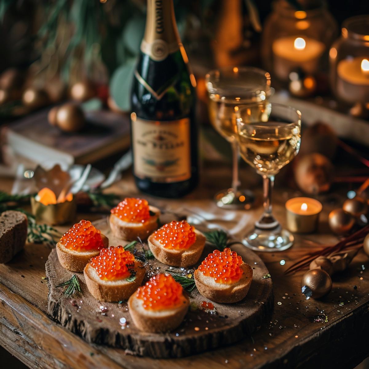Food photography, Canapés with red caviar, a bottle of champagne, glasses, candles, confetti, New Years decor, cozy atmosphere
