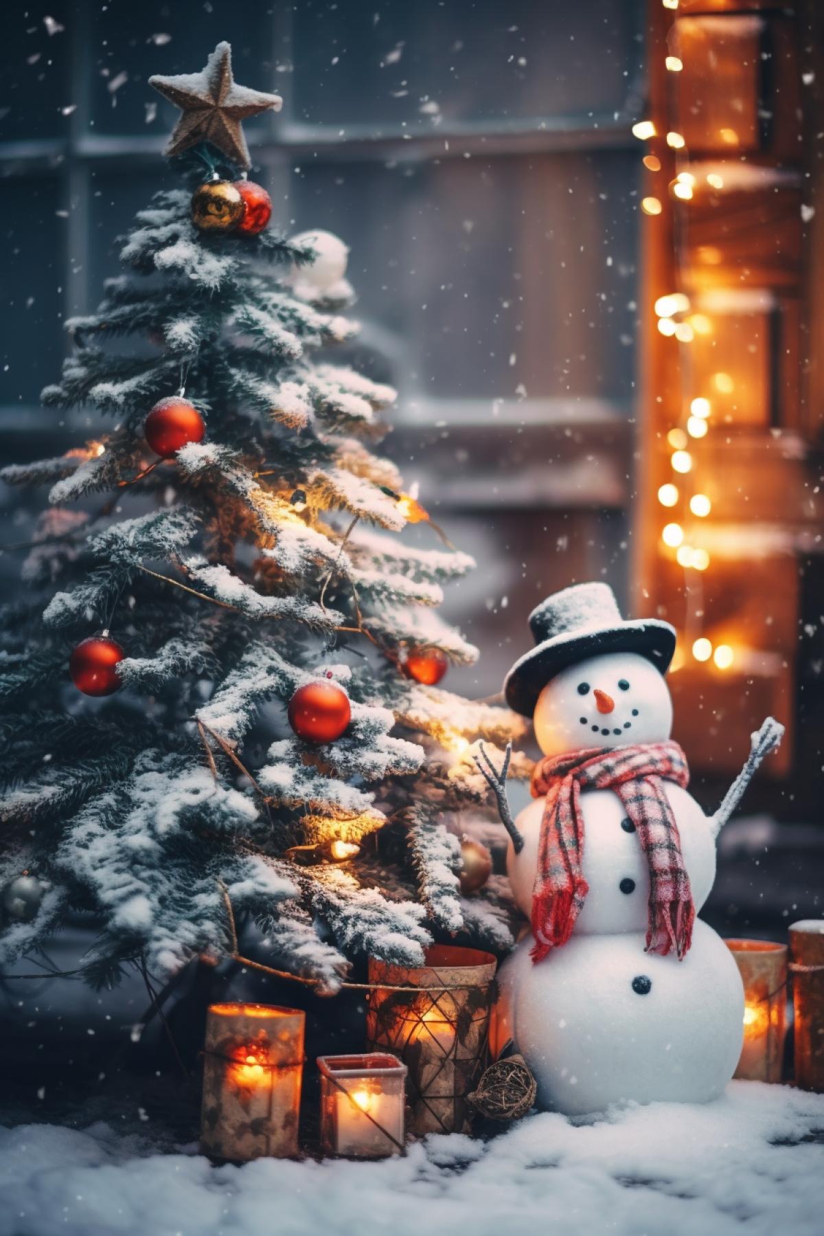 A beautiful snowman stands near the Christmas tree