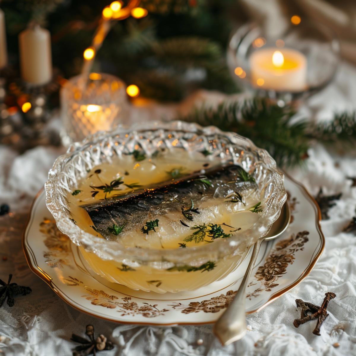 Food photography, top view, Russian Zalivaya jellied fish, Jelly with large Boiled fish inside on a table with a white tablecloth, New Years decoration