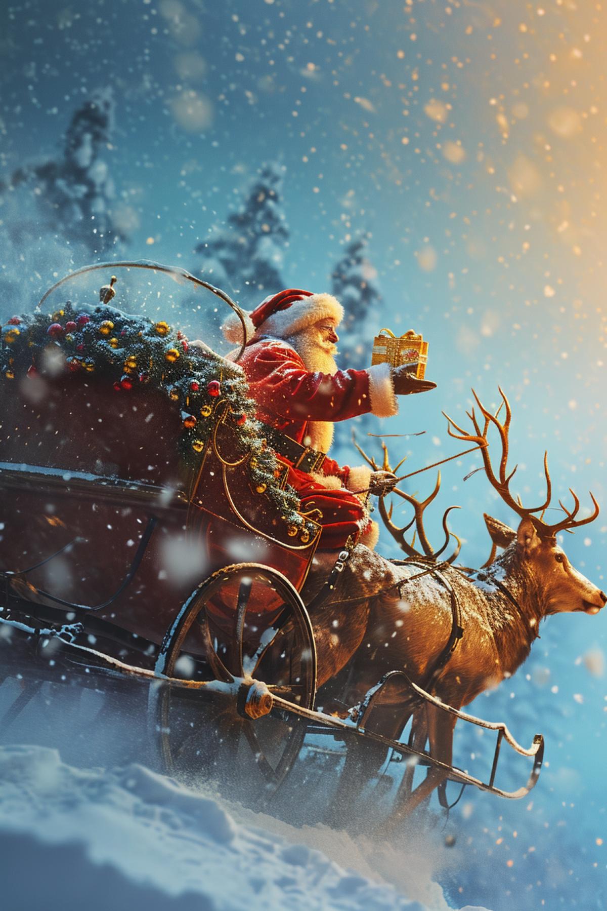 Santa Claus flies in a carriage with deer across the sky and throws gifts, high quality, good detail, 4K, atmosphere of miracle and fairy tale, New Year, holiday