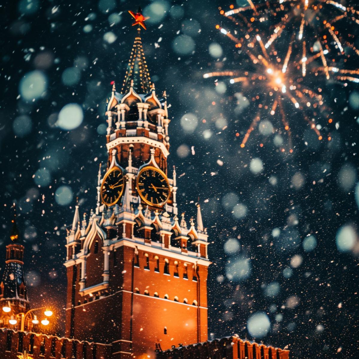 Front view, clock on the tower of the Moscow Kremlin, against the background of fireworks, night, snowfall, bright illumination