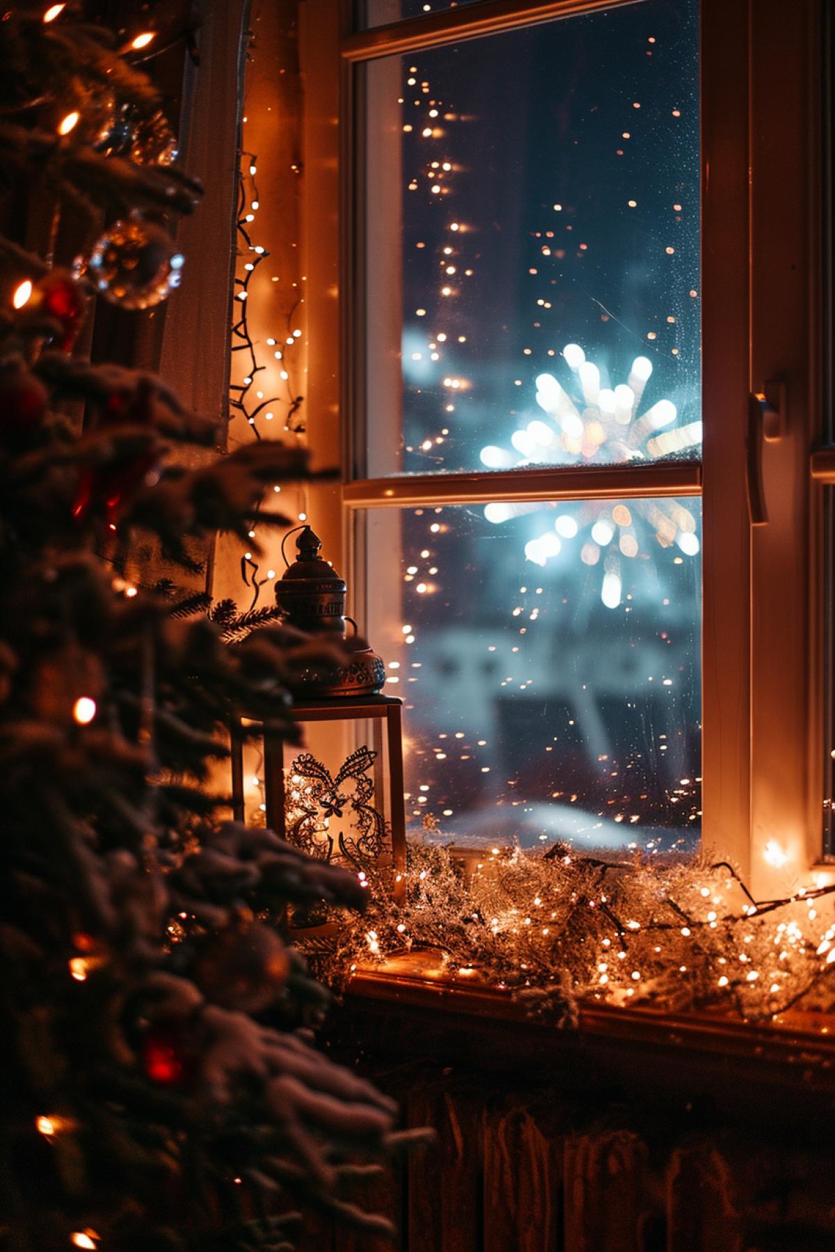 A window decorated with Christmas garlands, flashing lights, a Christmas lantern on the windowsill, outside the window is night, bright fireworks