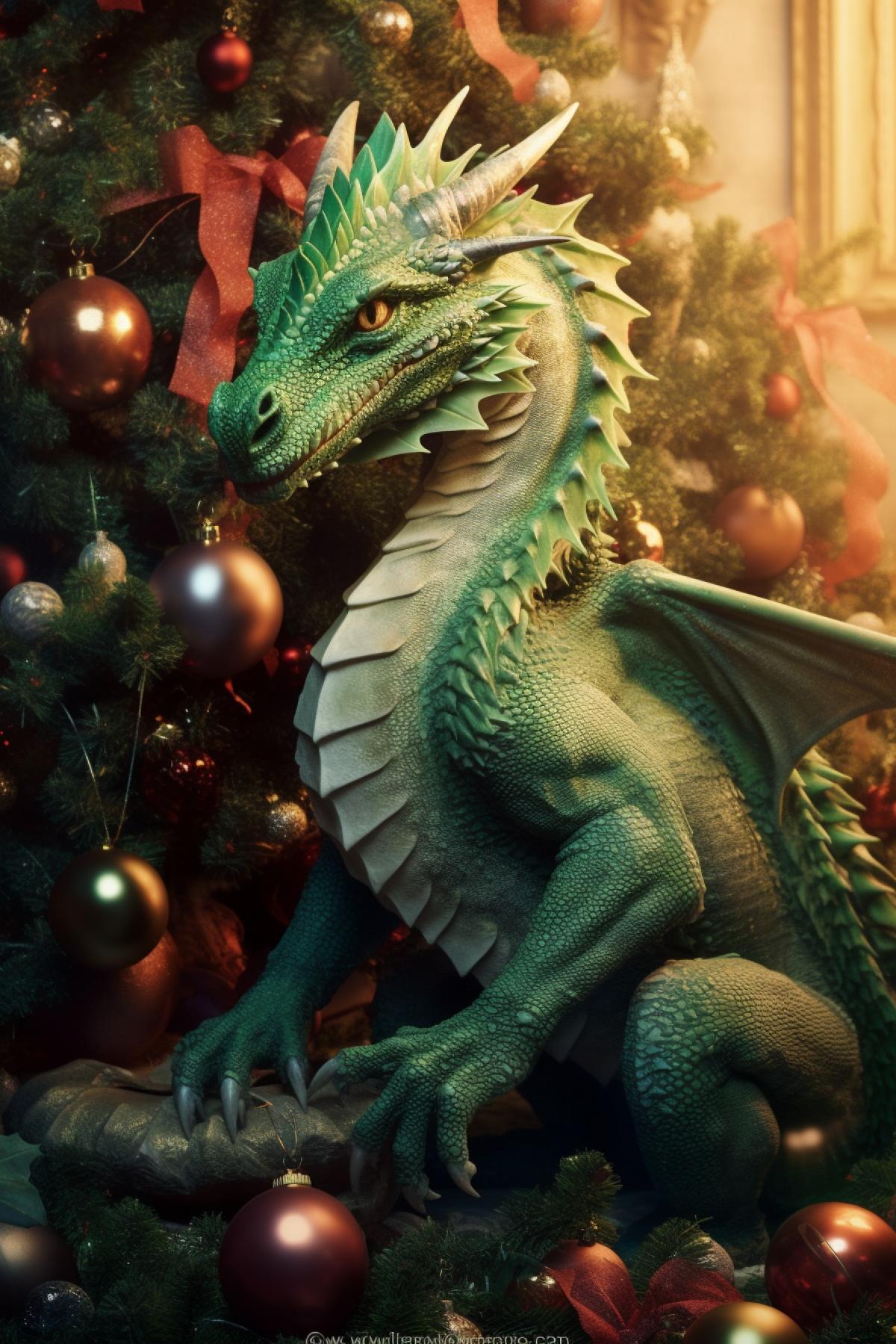 A beautiful, lively, light green🟢 dragon sits near a beautiful Christmas tree
