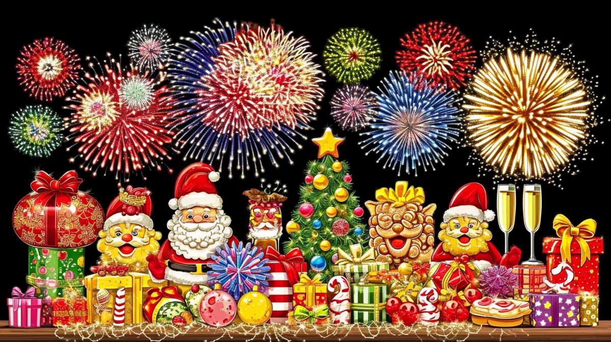cheerful dancing people in beautiful carnival costumes and masks, a lot of festive shining lights, fireworks in the sky, champagne, green Christmas trees with colorful lights and colored balls, joy, happiness, celebration, laughter