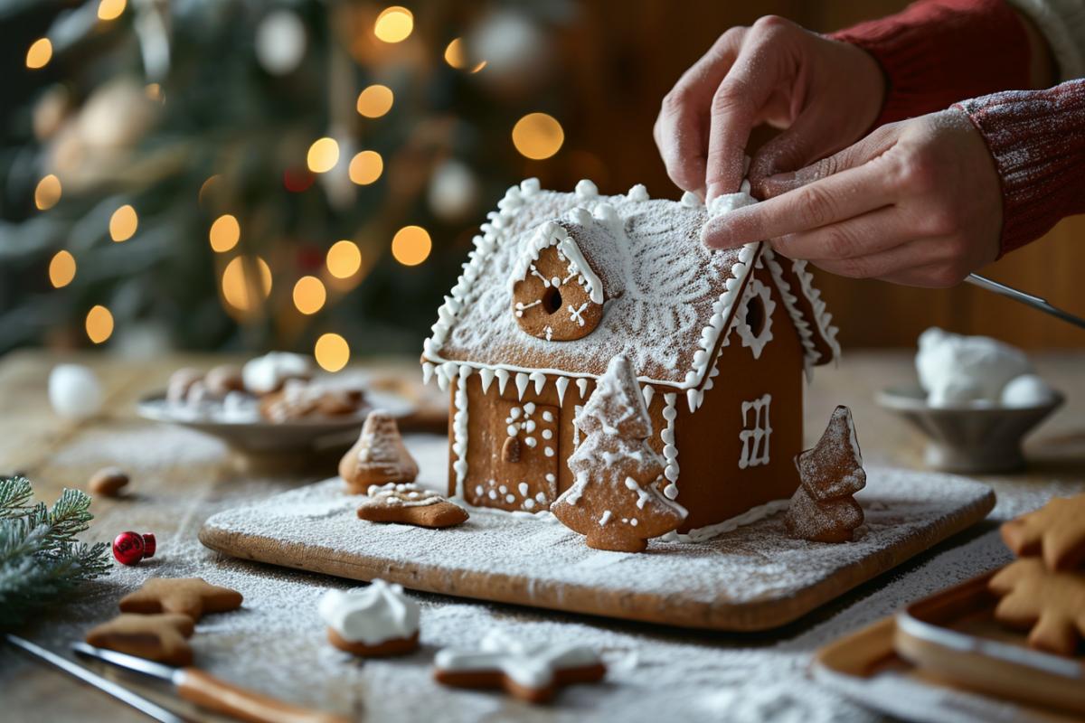 Man decorating gingerbread house with icing sugar on table, closeup