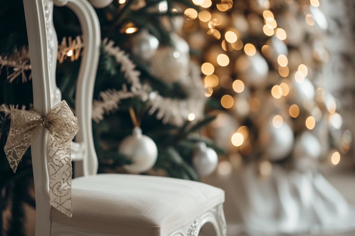 White chair with a bow on the background of the Christmas tree