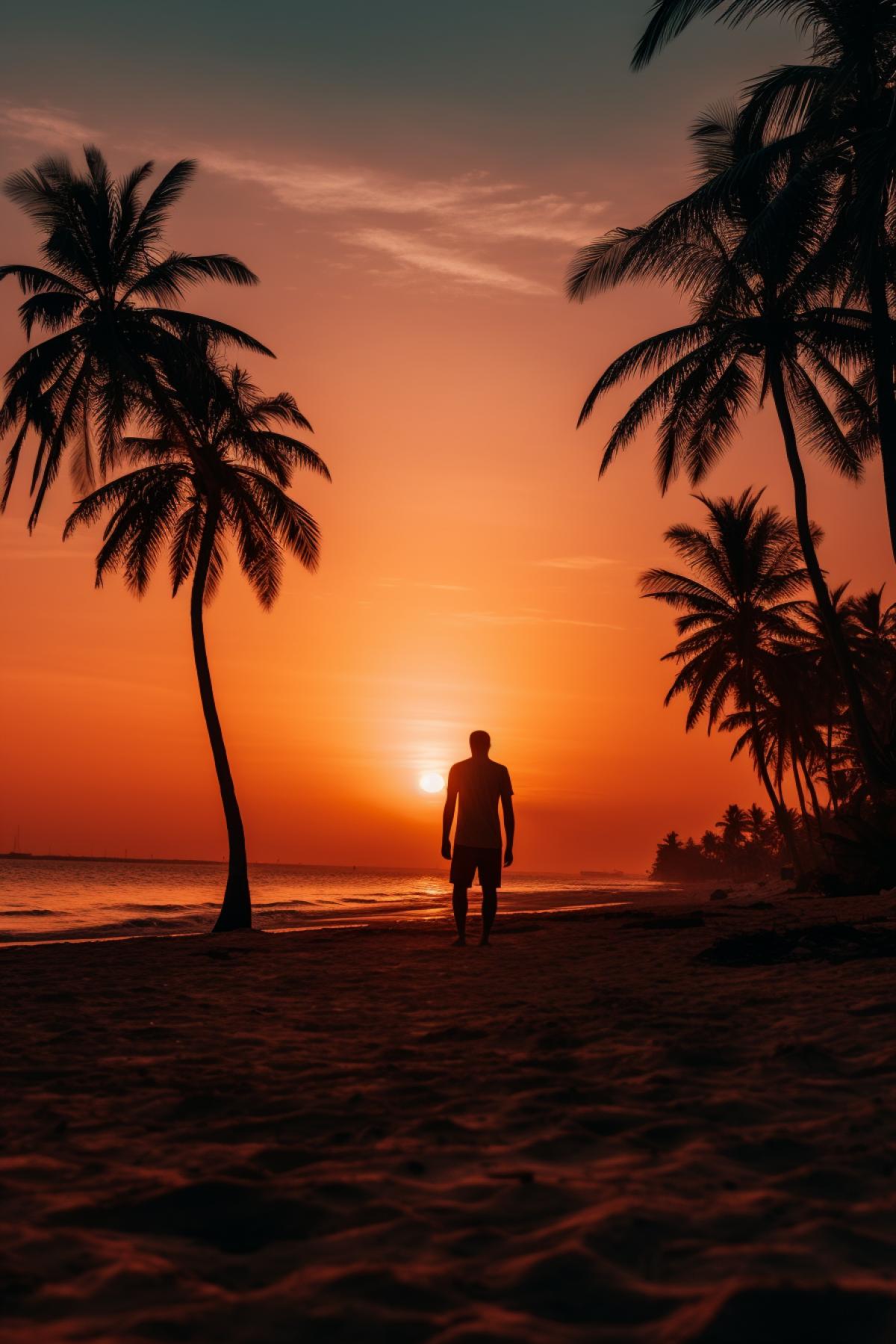 Close view of crazy lonely man on far away uninhabited island kneed on shore sand watching with insane lonely eyes on the background of evening sunset palm trees