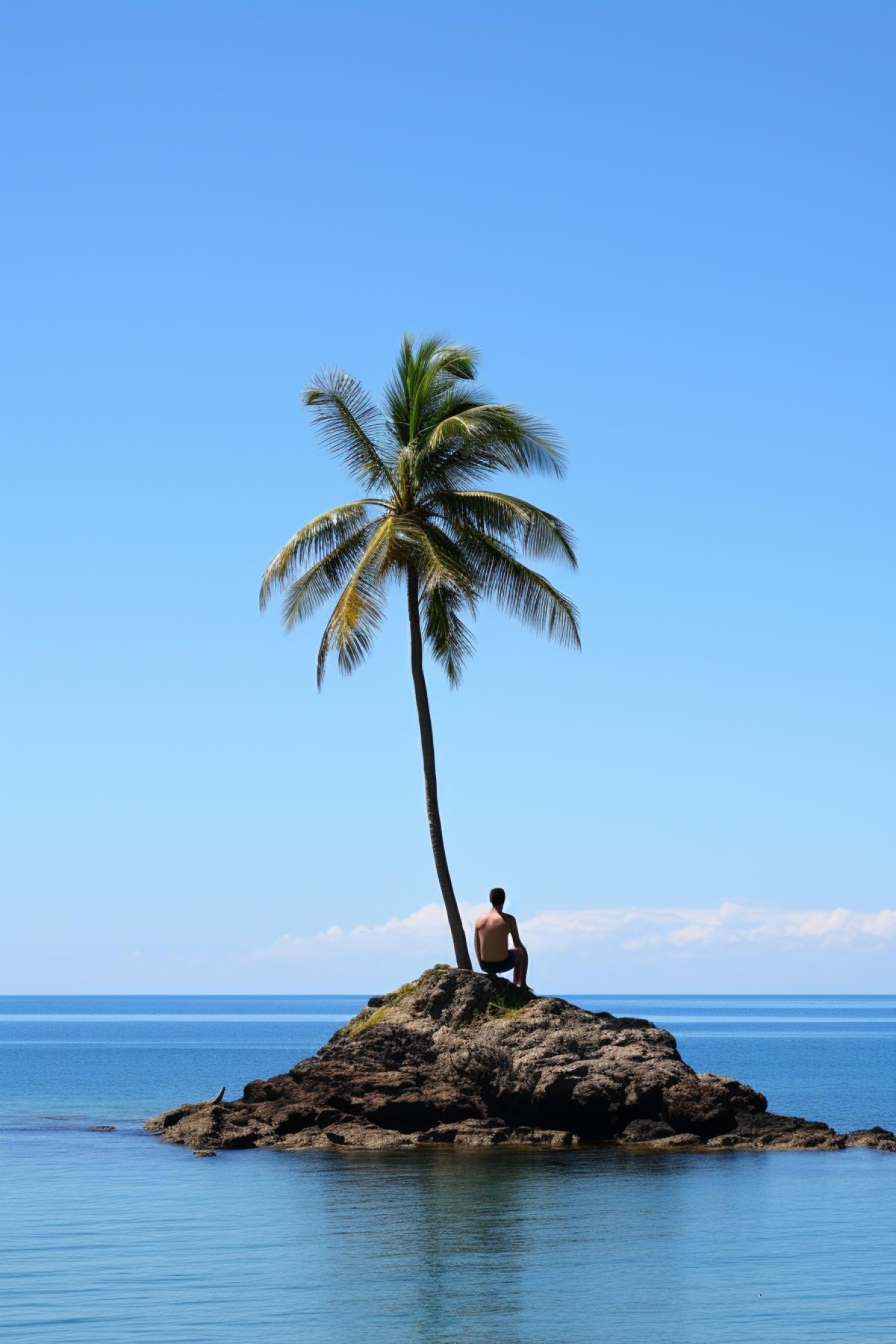 Robinson on island all alone after 5 years of loneliness during on palm tree watching the ocean horizon