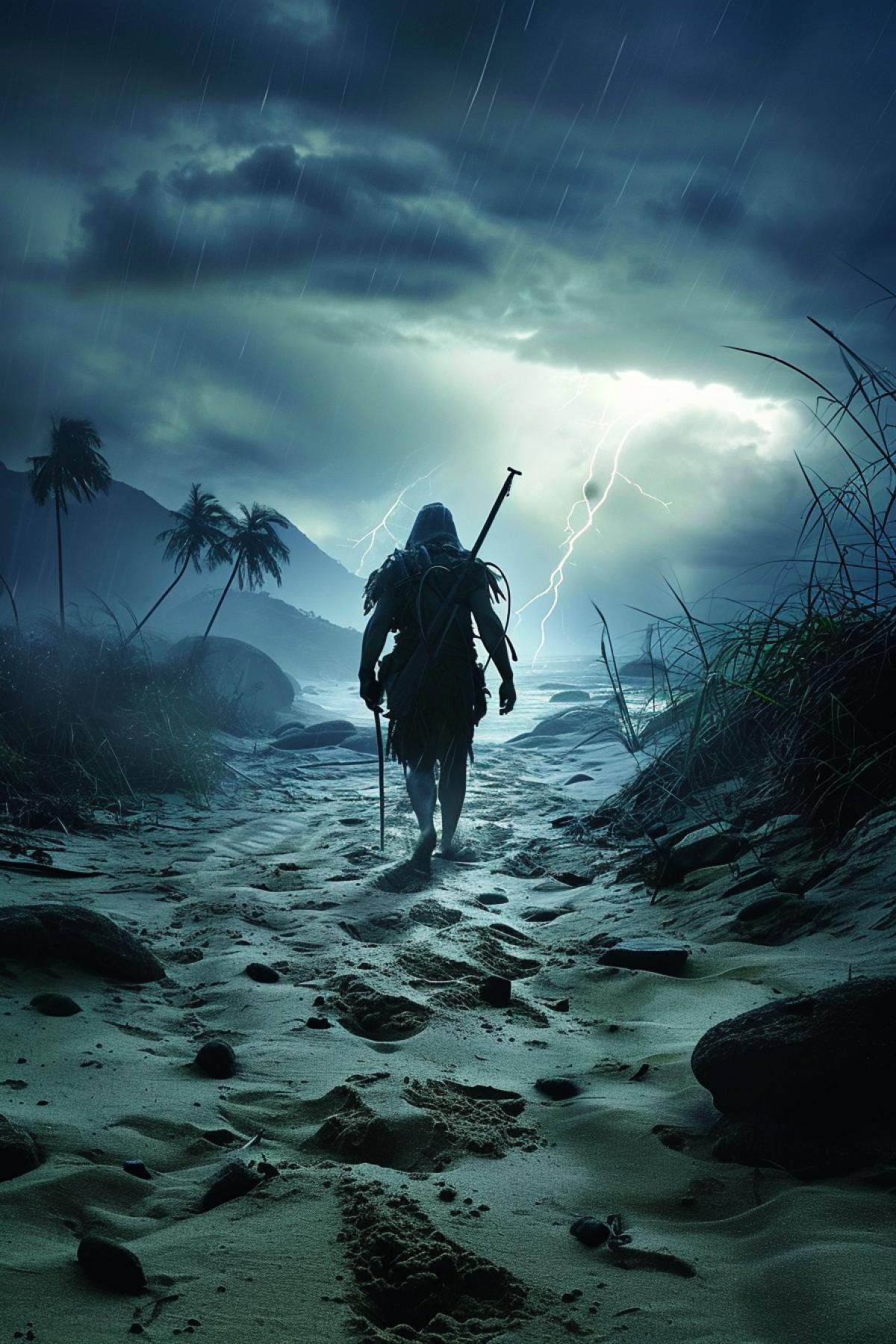Robinson Crusoe on a desert island, professional photography, atmosphere of despair