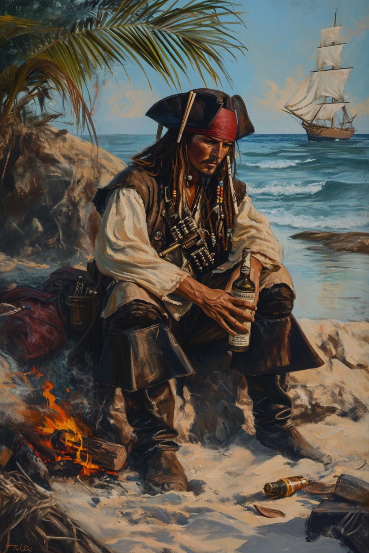 Captain Jack Sparrow is on the island, sitting by the fire drinking rum, high detail, good quality