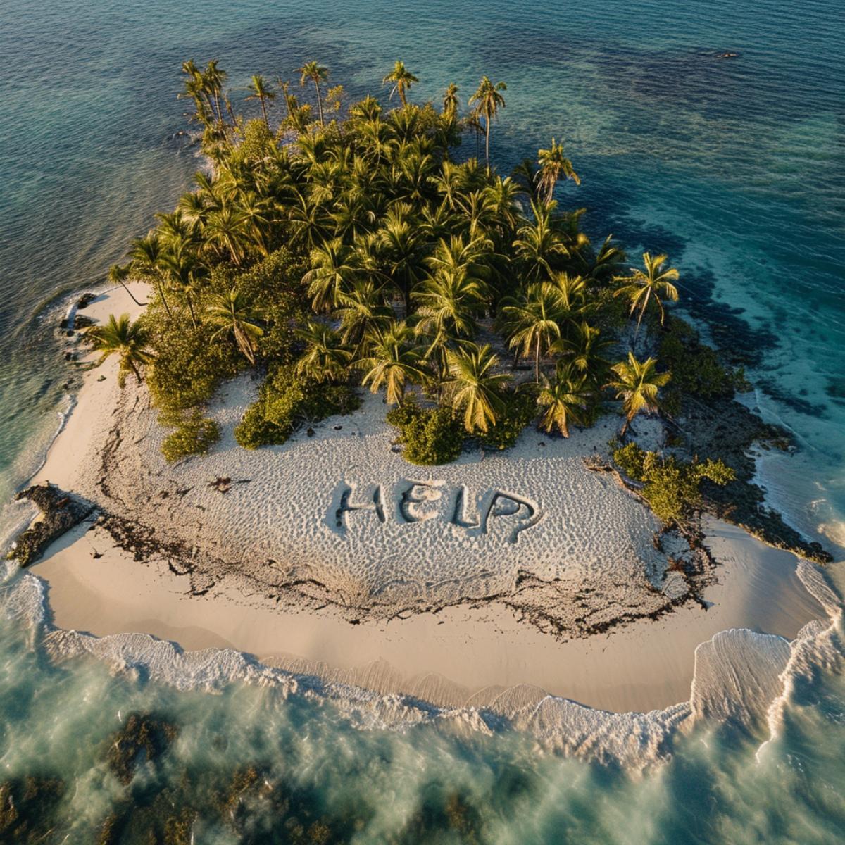 aerial photo view of the word \"HELP\" trampled in the sand on an island surrounded by ocean.
